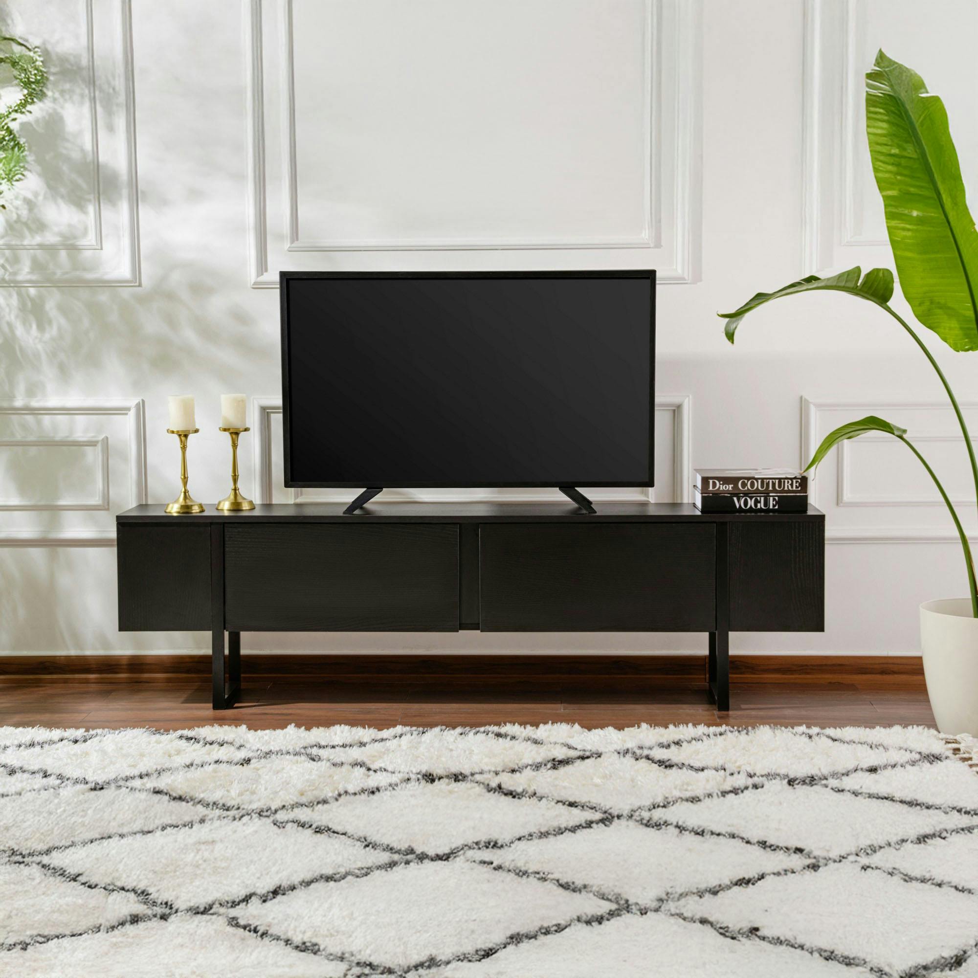 Meuble TV noir avec rangement - effet bois, pieds noirs JENA