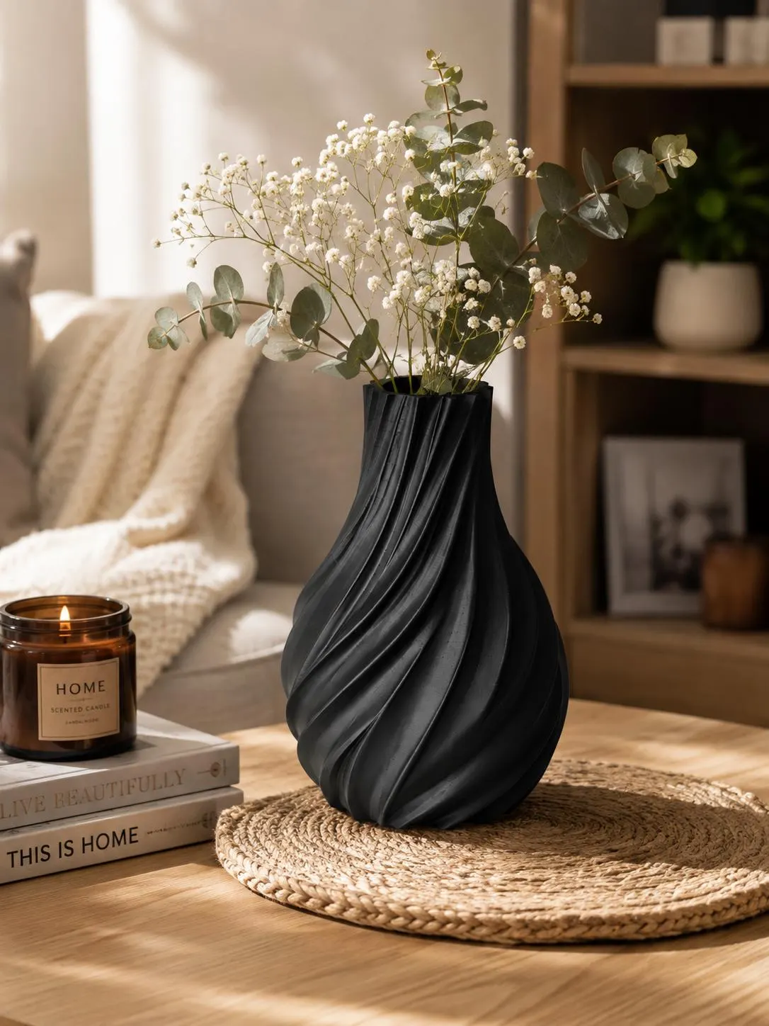 Modern Black Spiral Vase, 3D Printed Decorative Vase, Minimalist Home Decor, Unique Flower Vase