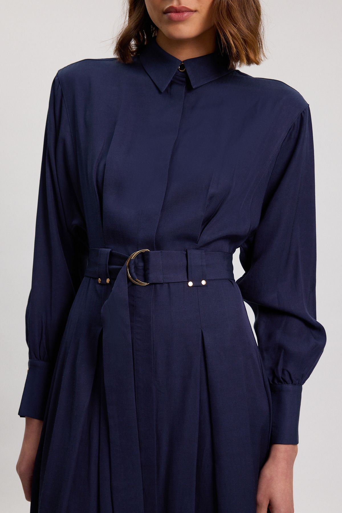 KarenMillen Premium Viscose Linen Woven Shirt Dress With Gold Buckle Belt