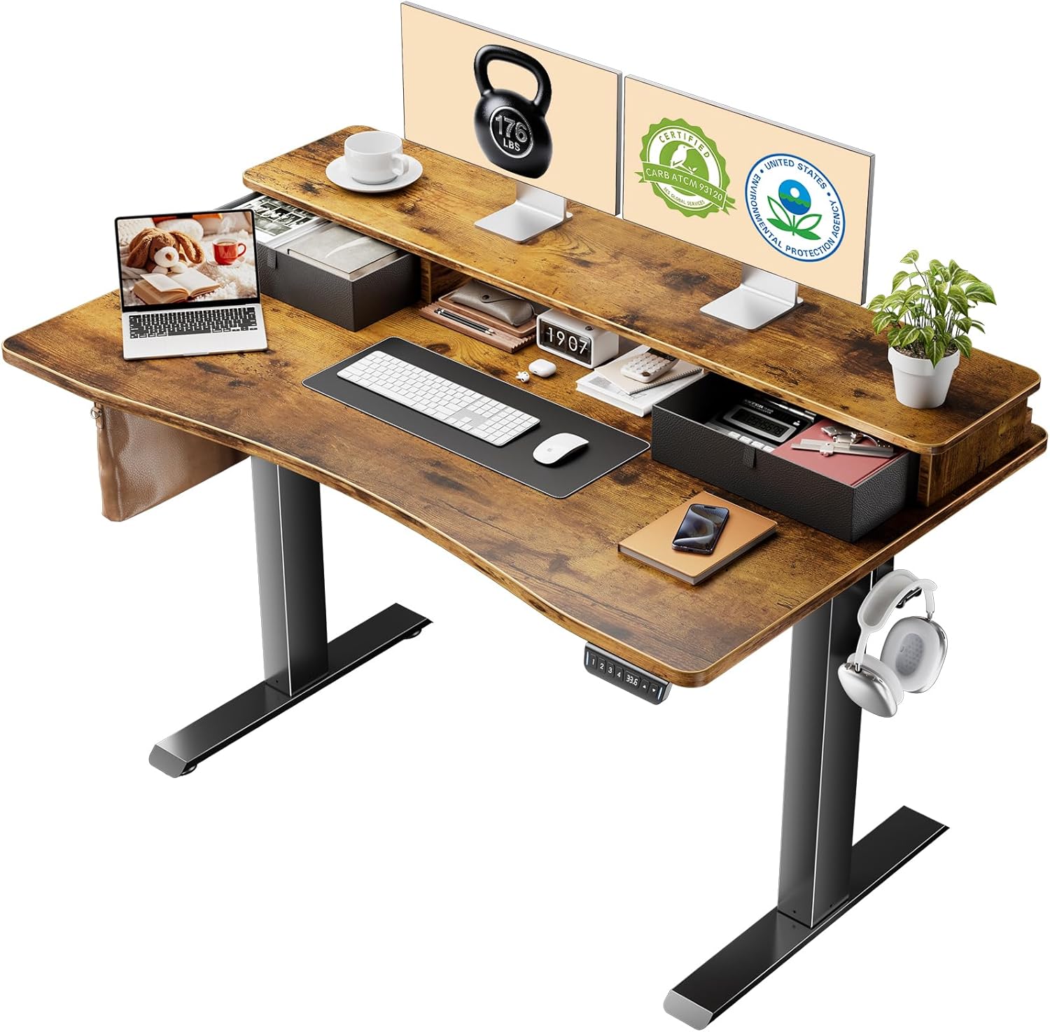 Veken 47.2×27.6 Standing Desk with Storage Drawers, Adjustable Height Computer Table with Monitor Shelf, Home Office Desk for Study, Gaming, Workstation, Brown