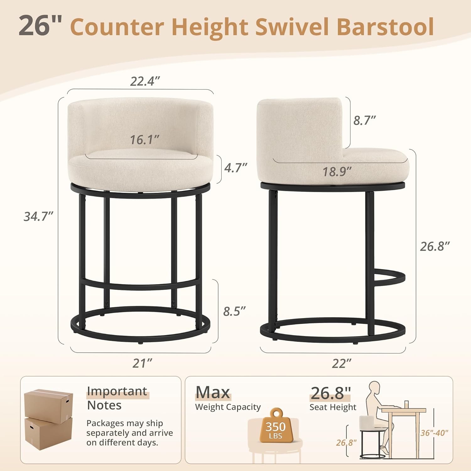 LUE BONA 26.8 Counter Height Bar Stools Set of 3, 180° Swivel Bar Stools, Modern Barrel Counter Stools with Back and Metal Frame, Fabric Upholstered Barstools for Kitchen Island, Linen Color