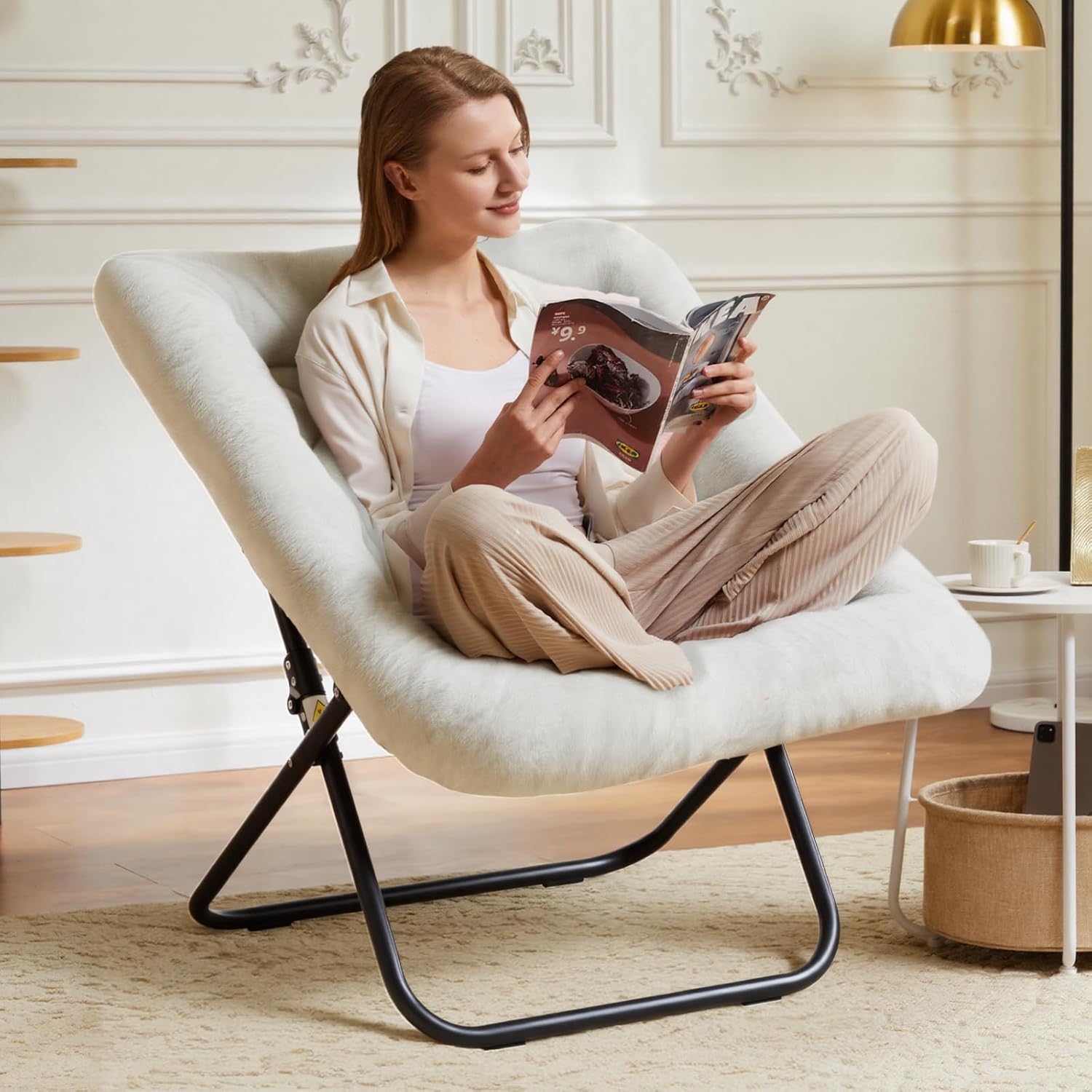 DUMOS Comfy Chair for Adults, Soft Faux Fur Folding Lounge for Bedroom Living Room Dorm Rooms Flexible Reading Chair for Teens, Large Size Foldable (Square-Creamy)