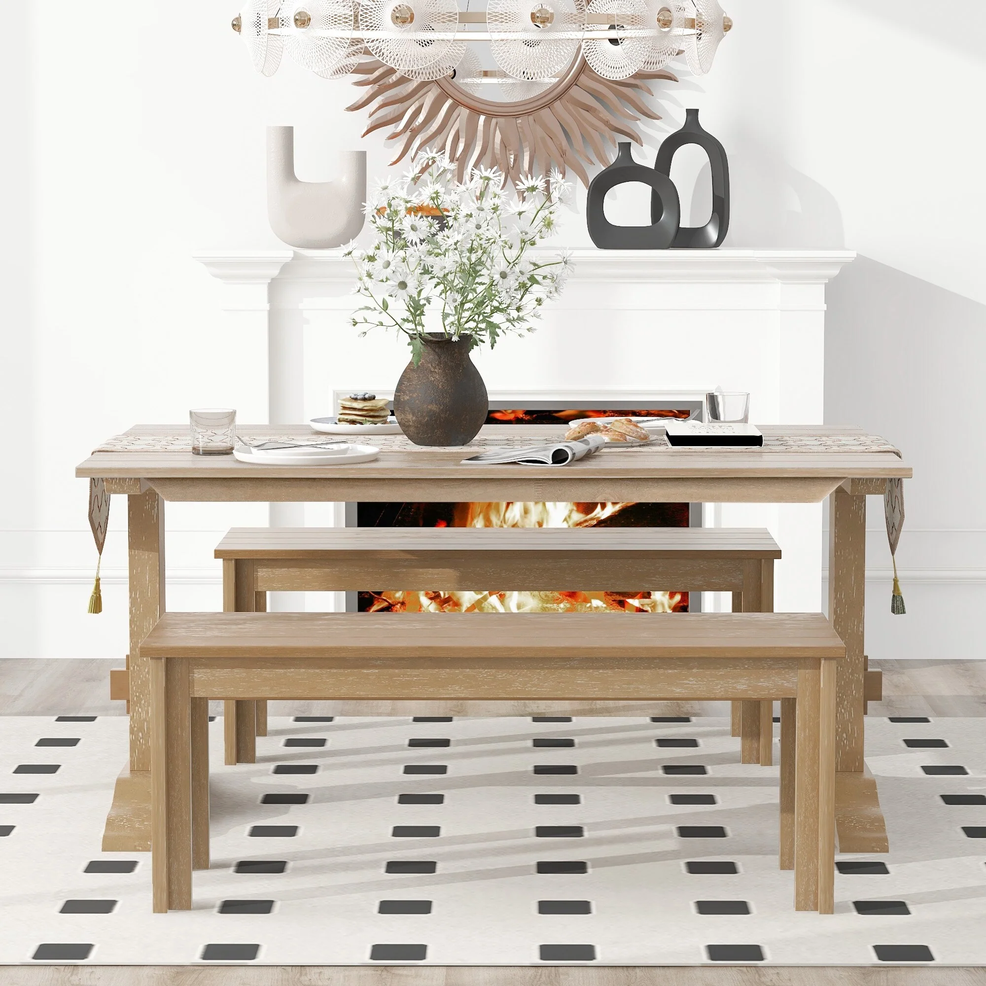 Transitional Style Wooden 3-piece Dining Set with Rectangular Trestle Table and 2 Wooden Benches