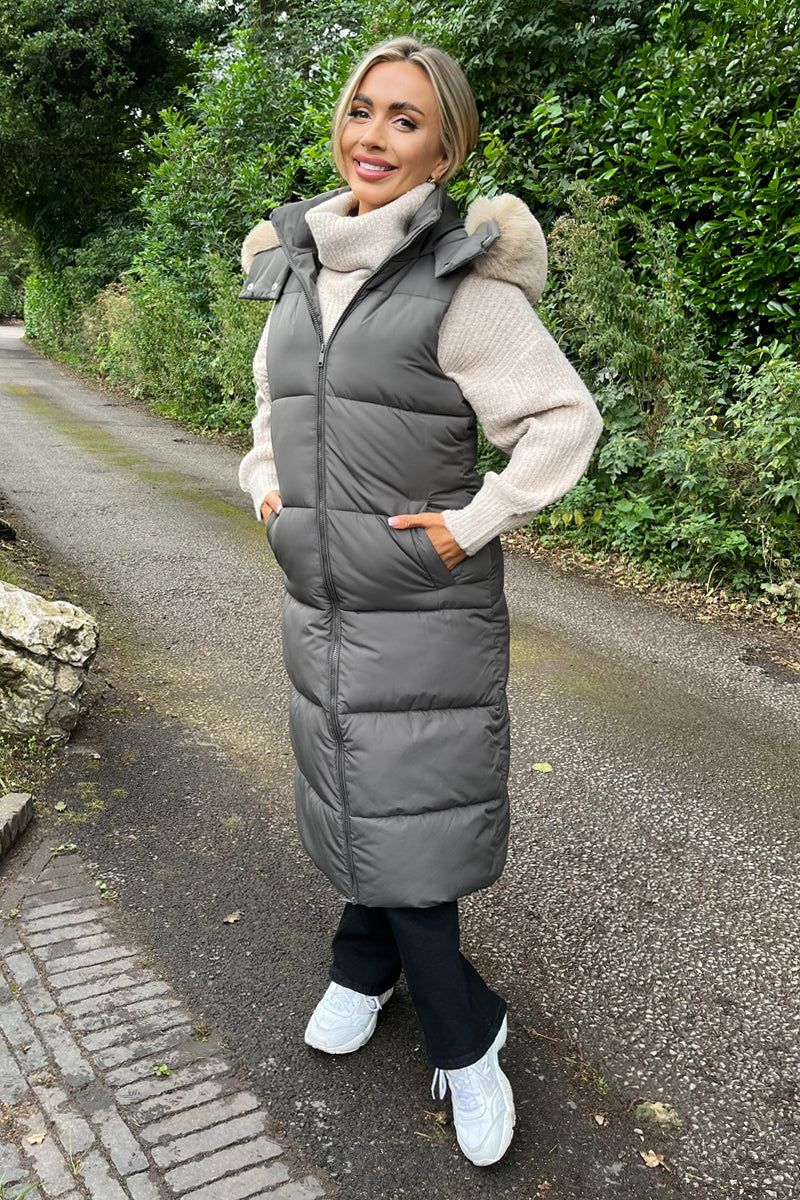 AX Paris Khaki Faux Fur Hooded Longline Padded Gilet
