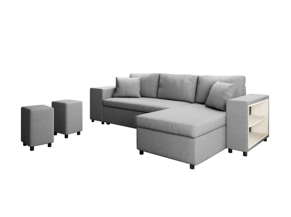 MADY - Canapé d'angle convertible gris clair avec rangement poufs à gauche