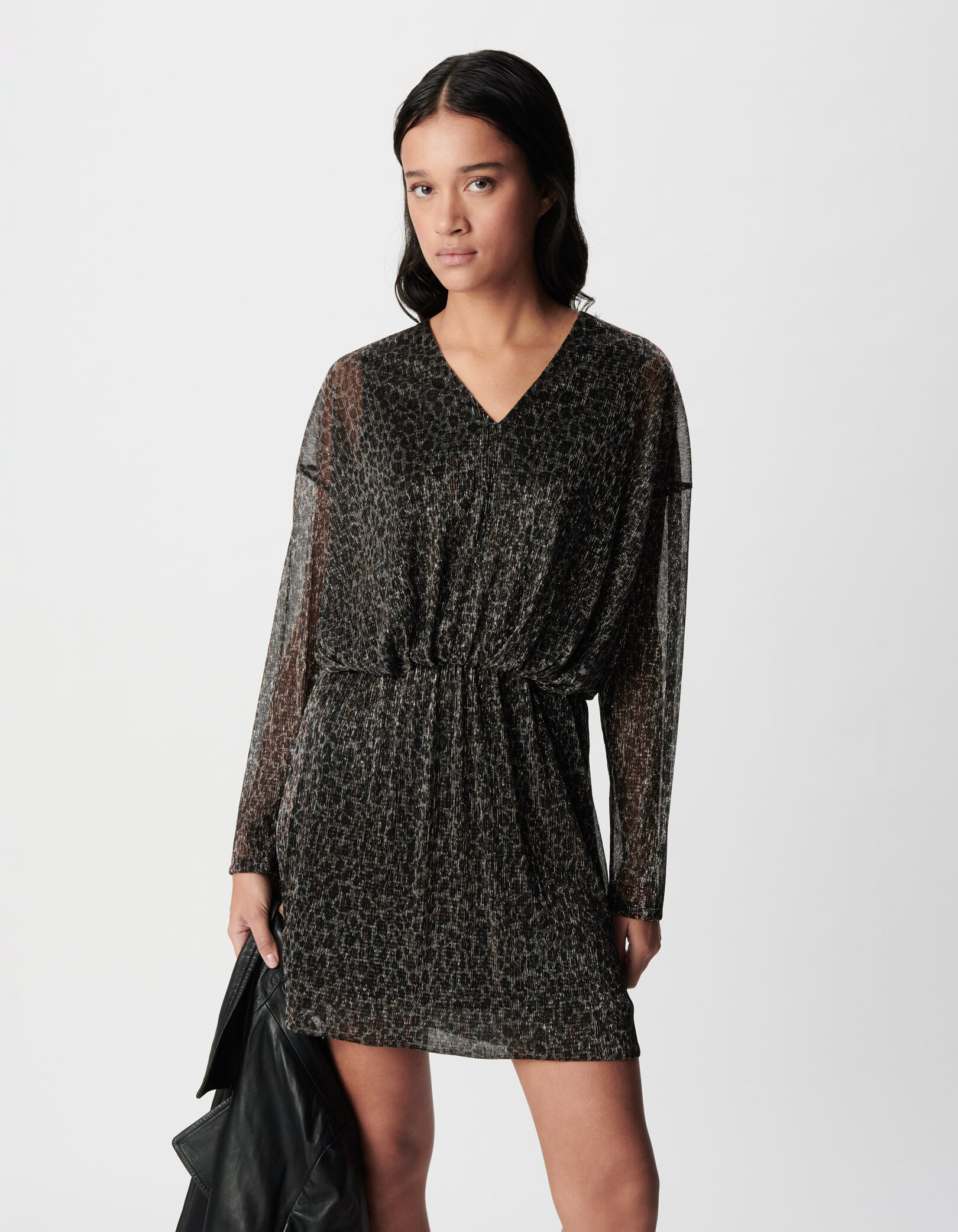 Robe courte noire lurex motif léopard Femme