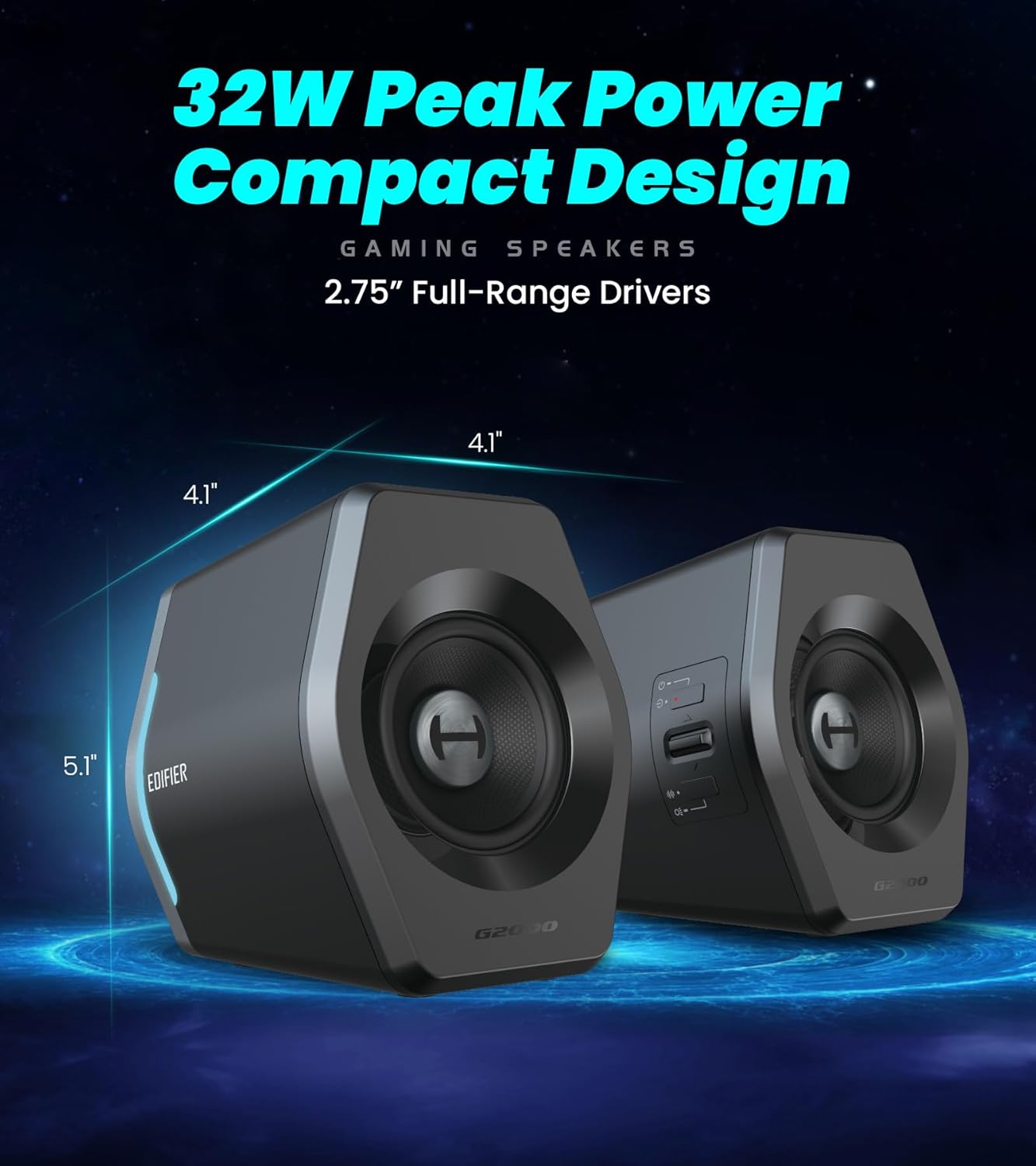 Edifier Hecate RGB Gaming Speakers, 32W Peak Power, Bluetooth 5.1, Game/Movie/Music Modes, 12 RGB Lighting Effects, Compact Design for PC/PS4/Desktop - Black