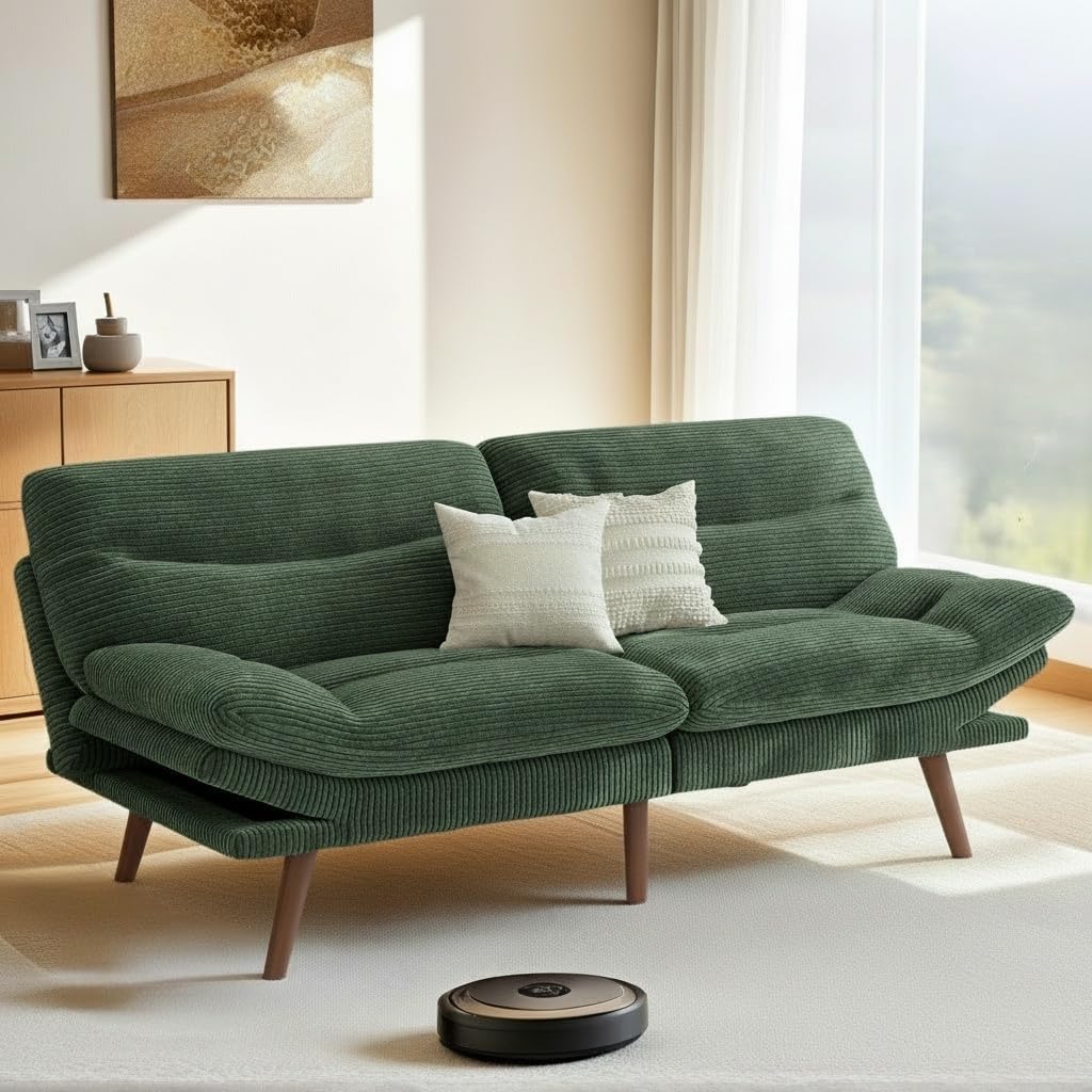 Pipishell Futon Sofa Bed, 66 Inch Corduroy Futon Couch Convertible with Adjustable Backrest and Armrests, Recliner Sleeper Sofa for Small Spaces, Living Room, Office, Guest Room (Green, 66 Inch)