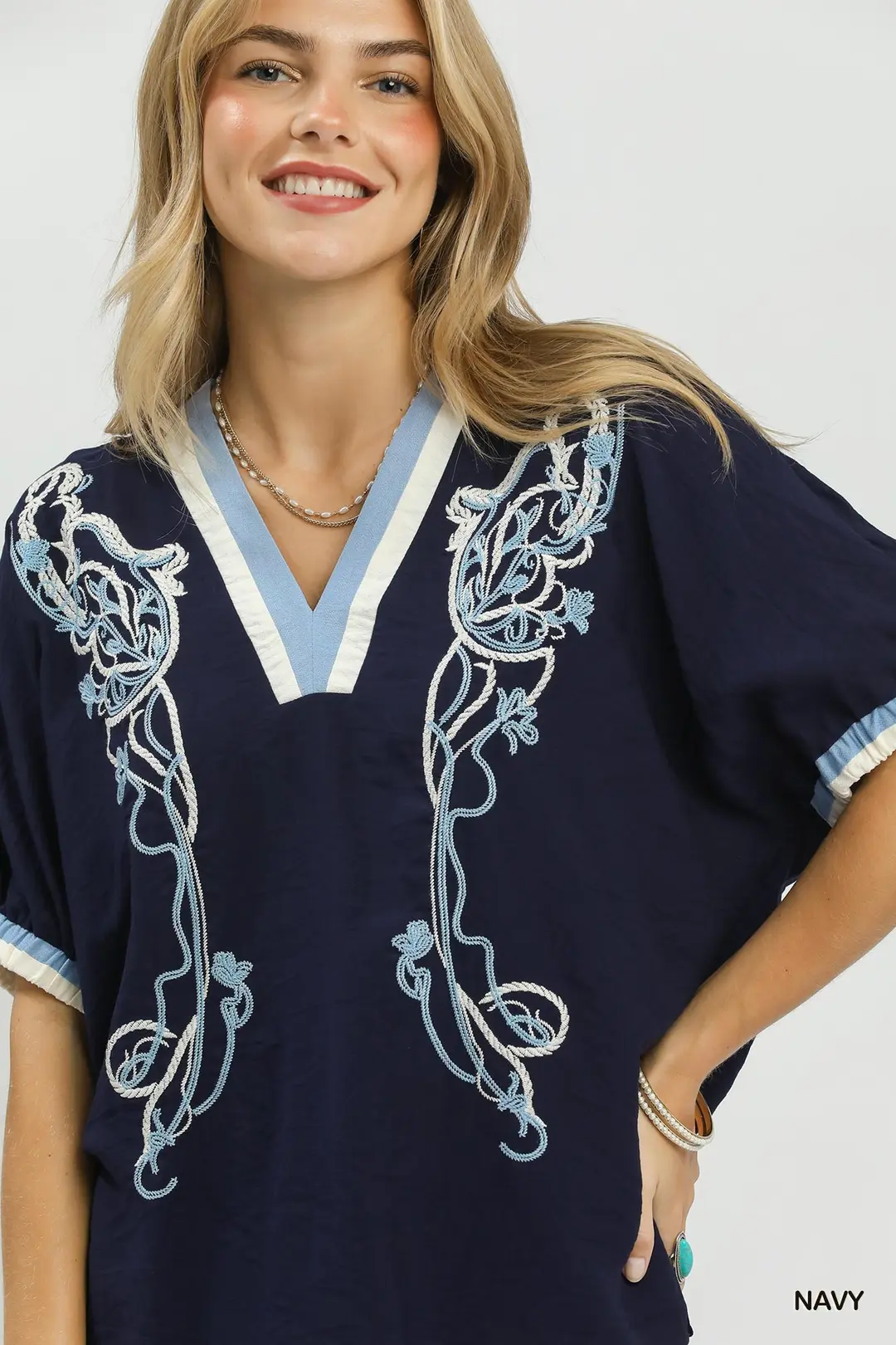 Embroidered Floral V-Neck Short Sleeve Blouse with Contrast Trim