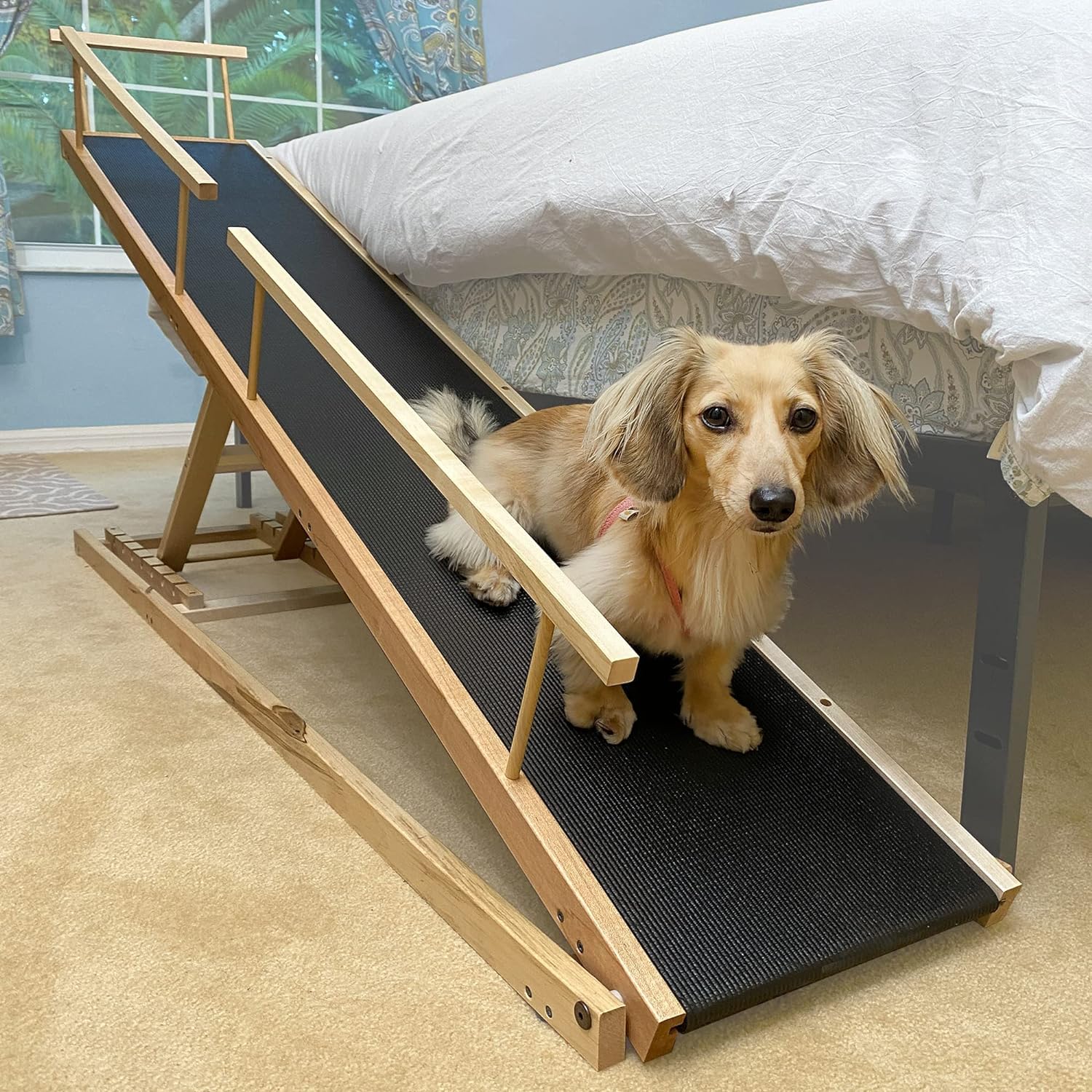 Dog Ramp for Beds - Adjustable up to 37 High Beds with Low Incline, Safety Rails  Anti-Slip Grip, for Small Dogs up to 50lbs - Solid Hardwood, Made in North America(Clear Natural)