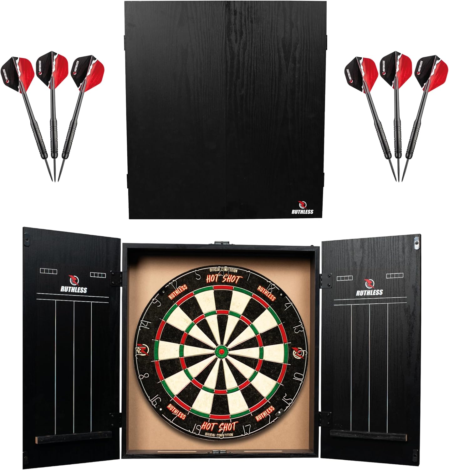 Ruthless Home Darts Centre with or Without LED Light Options | Home Dart Board Centre Including Cabinet, Dartboard and 2 Sets of Darts.