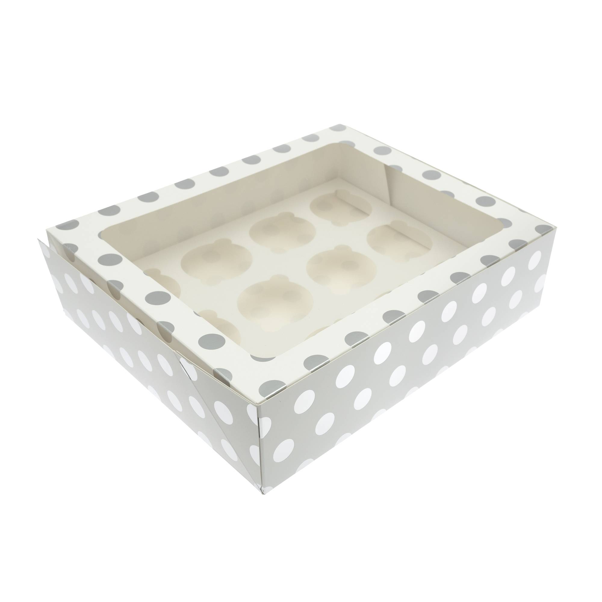 Silver Polka Dot Cupcake Box 12 Wells