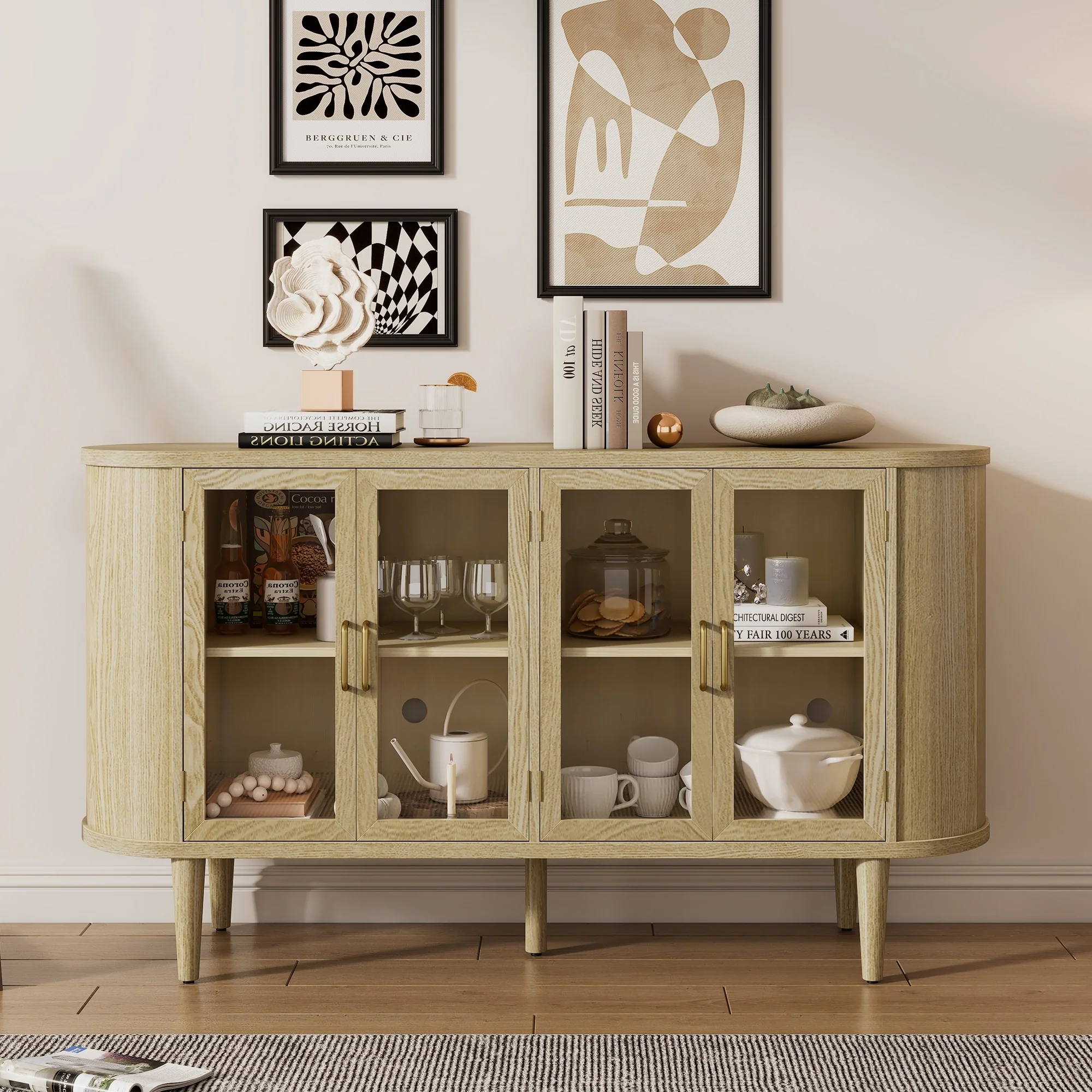 Farmhouse Sideboard Cabinet with Storage, Wood Buffet Cabinet with Glass Doors and Adjustable Shelves