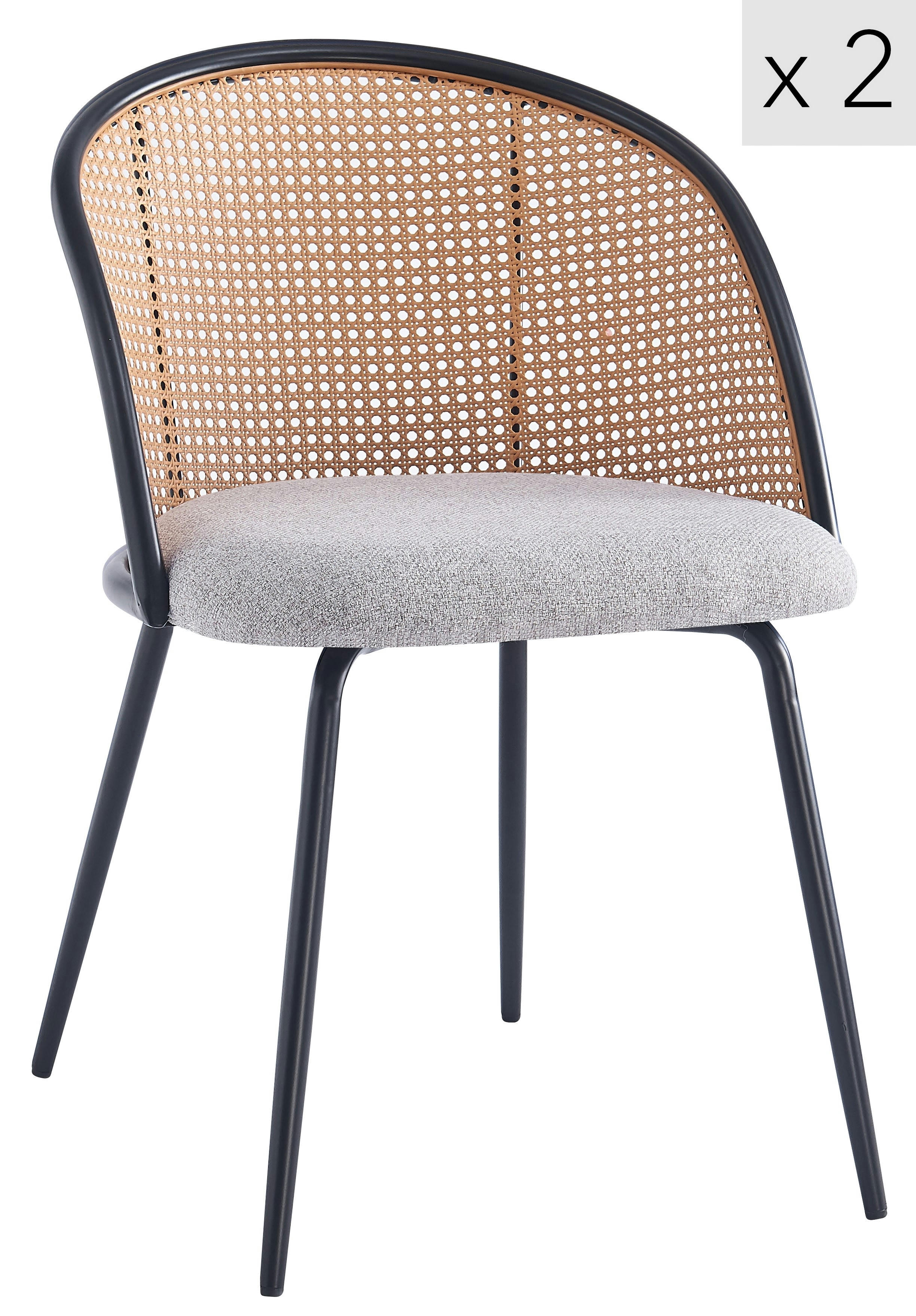 - Lot de 2 chaises en métal et cannage avec assise en  tissu gris