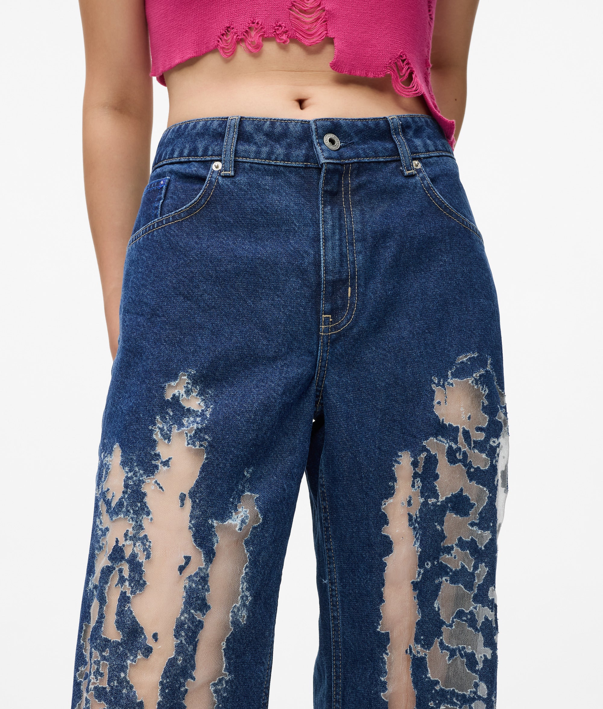 Jean décontracté taille mi-haute à effet usé