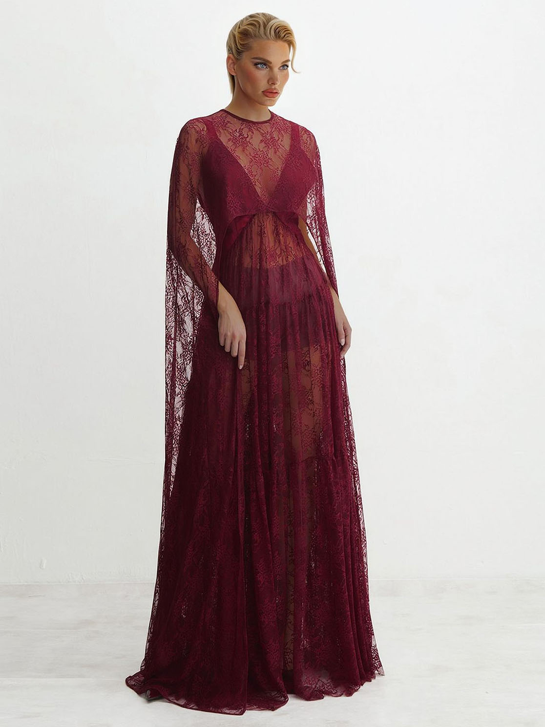 Elegant Tulle Lace Shawl Sleeve Maxi Dress