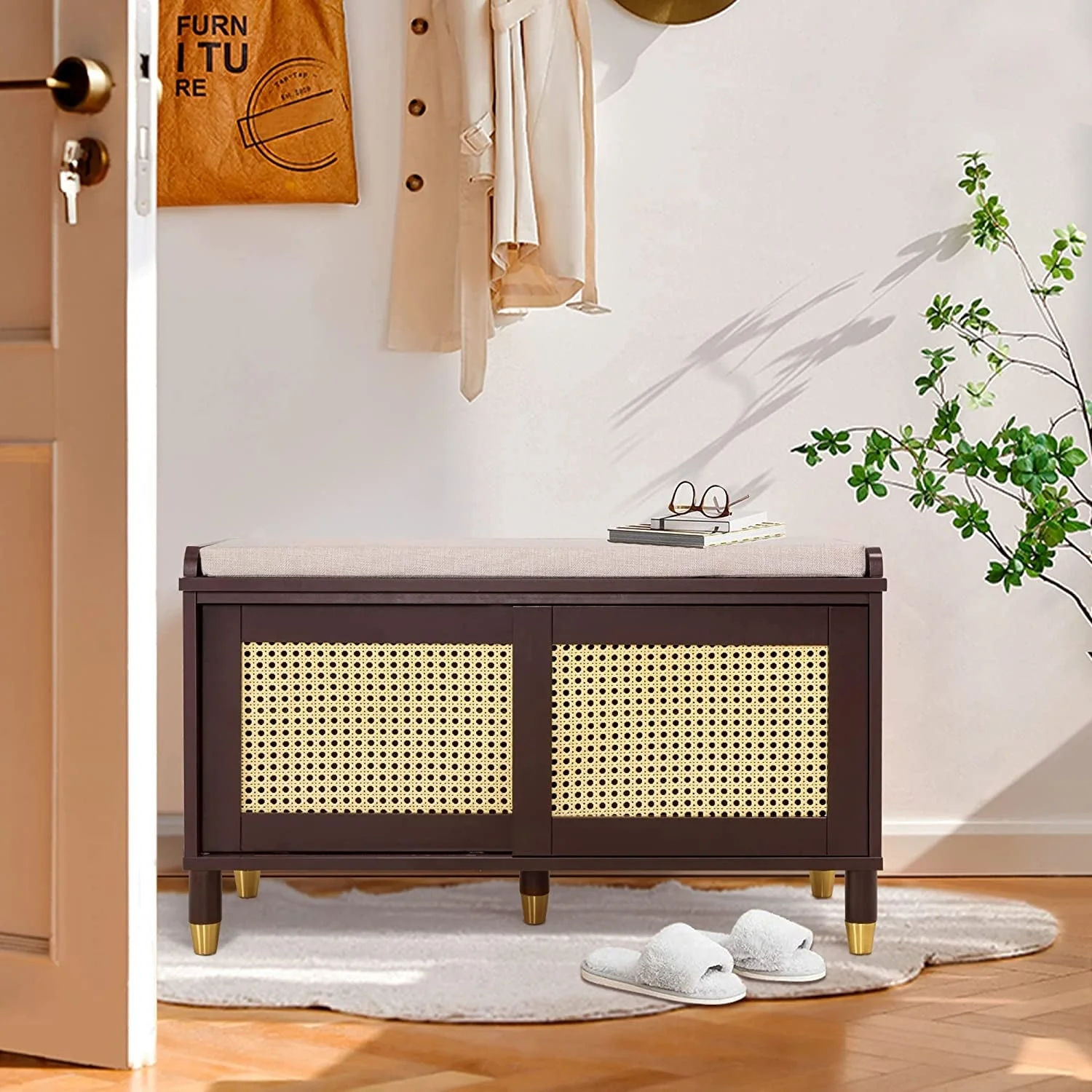 Shoe Storage Bench Cabinet Rattan Style Shoe Cabinet for Entryway