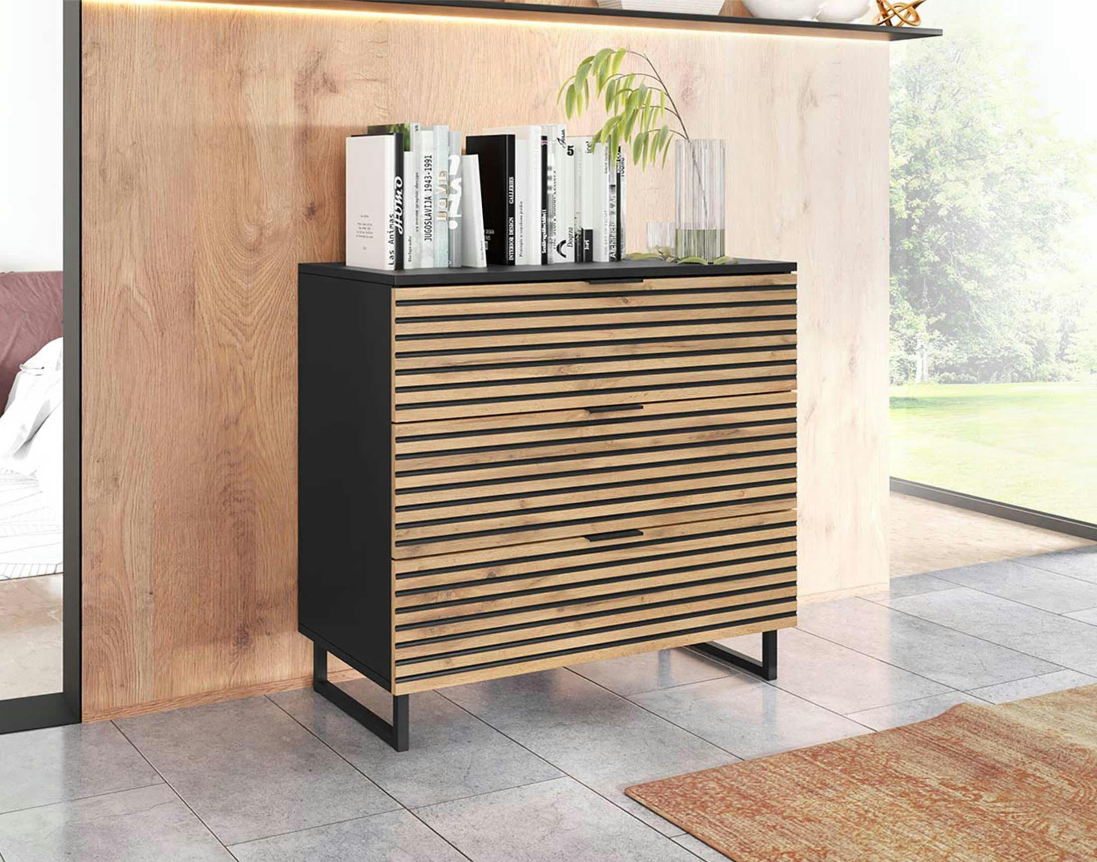 OLYMPIE - Commode 3 tiroirs 80 cm noir / bois