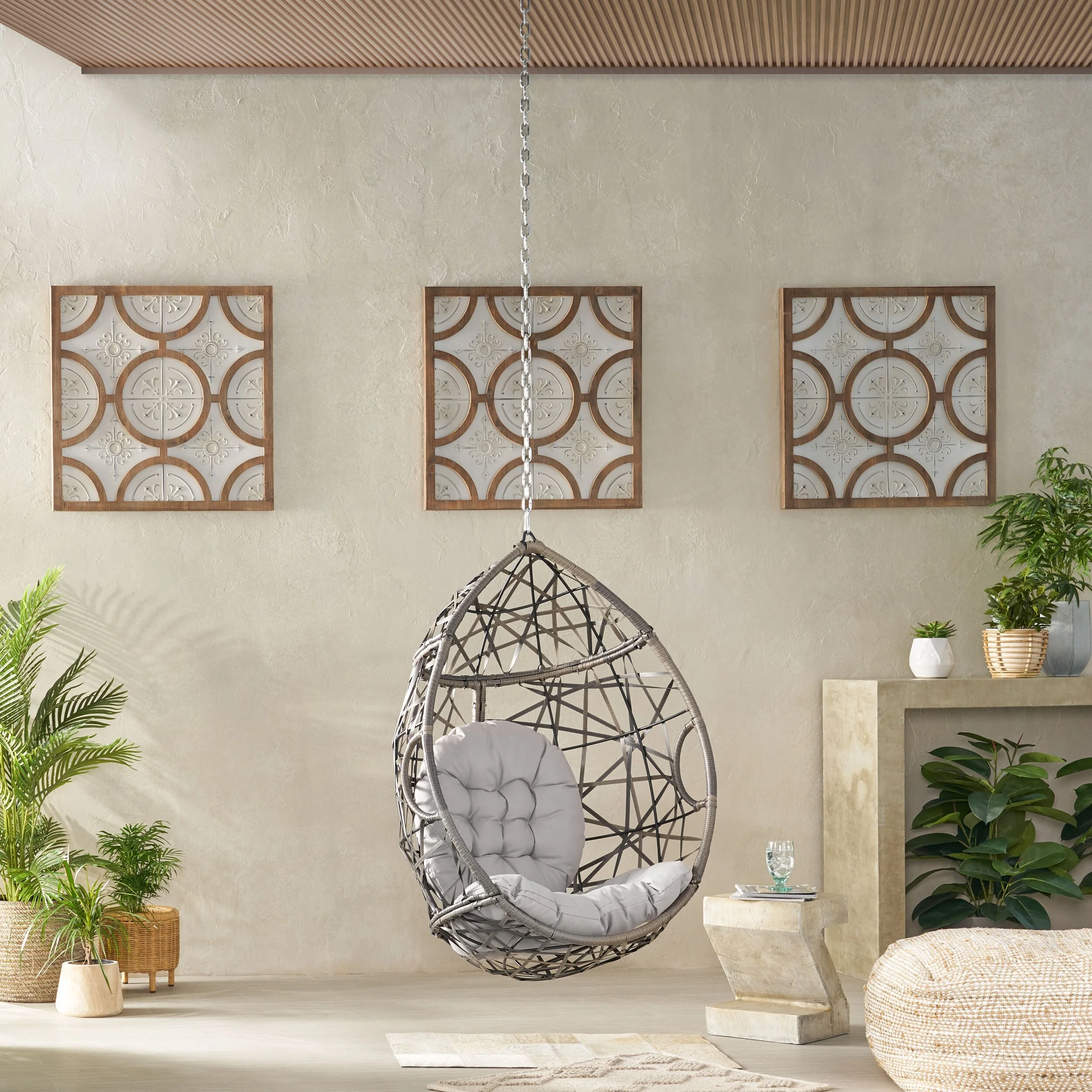 Teardrop Rattan Wicker Basket Swing Chair with Water-Resistant Cushions & Suspension Chain Hanging Chair Egg Chair