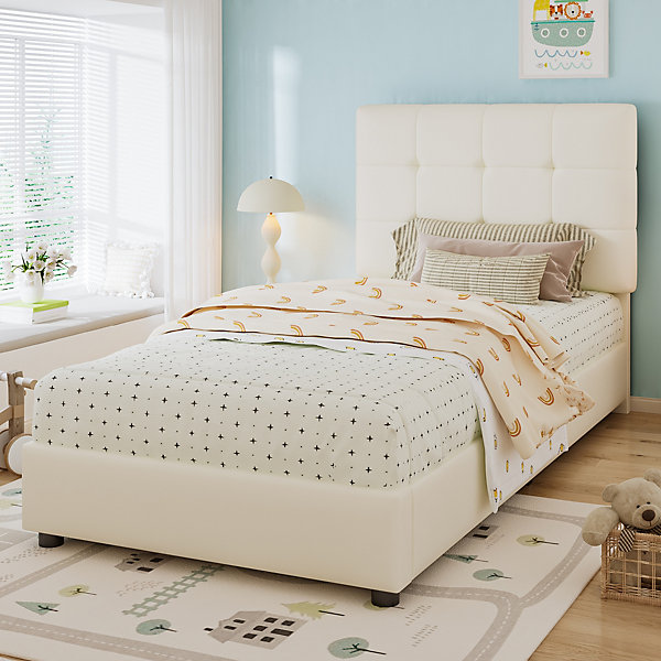 Lit Simple Enfant 90x200 cm Capitonné avec Tête de Lit Douce et Bordures Capitonnées, PU Fer Contreplaqué, Sans Matelas, Beige