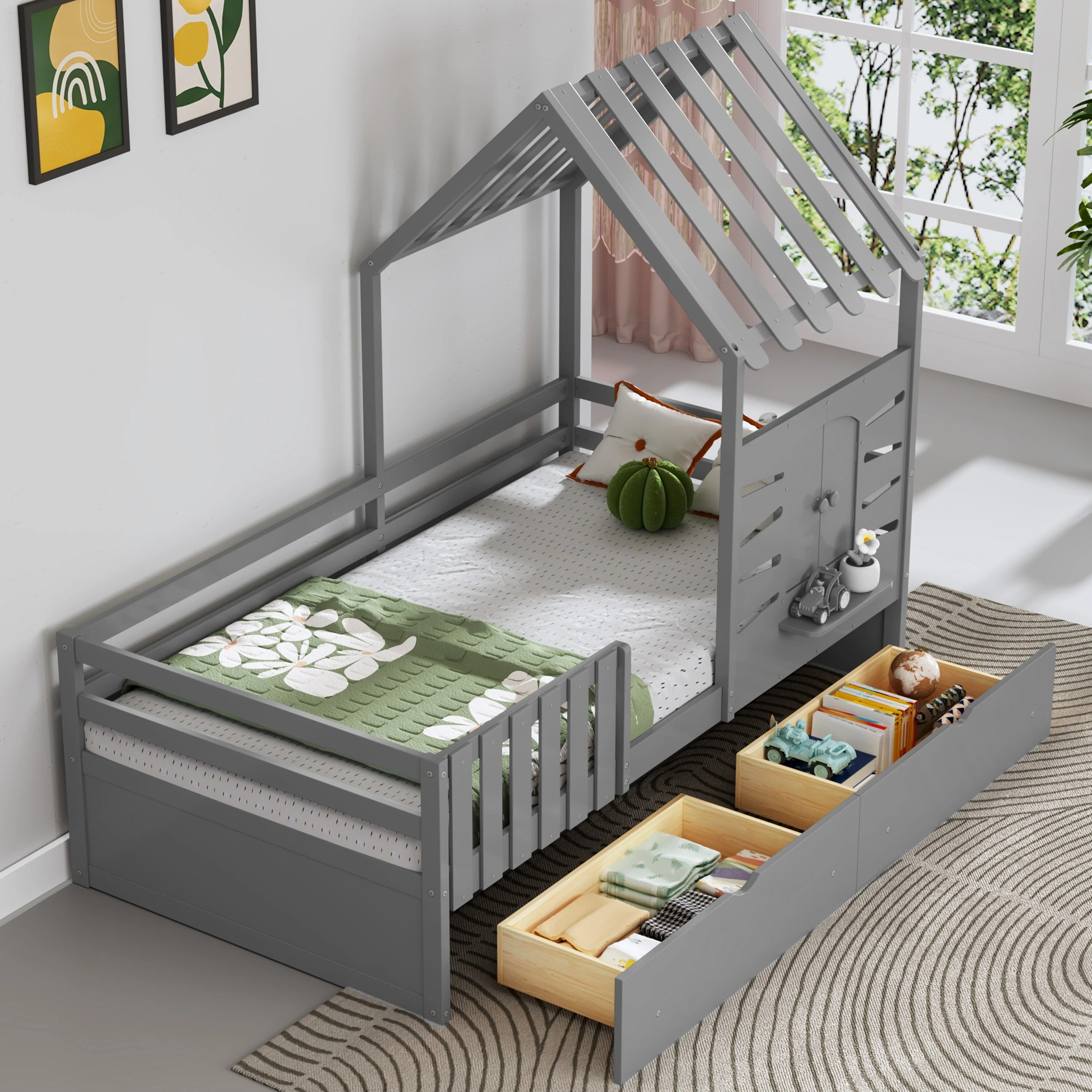 House Bed Frame with Shelf, 2 Storage Drawers and Guardrails, Playhouse Bed with Roof and Window, Wooden Bed Frame
