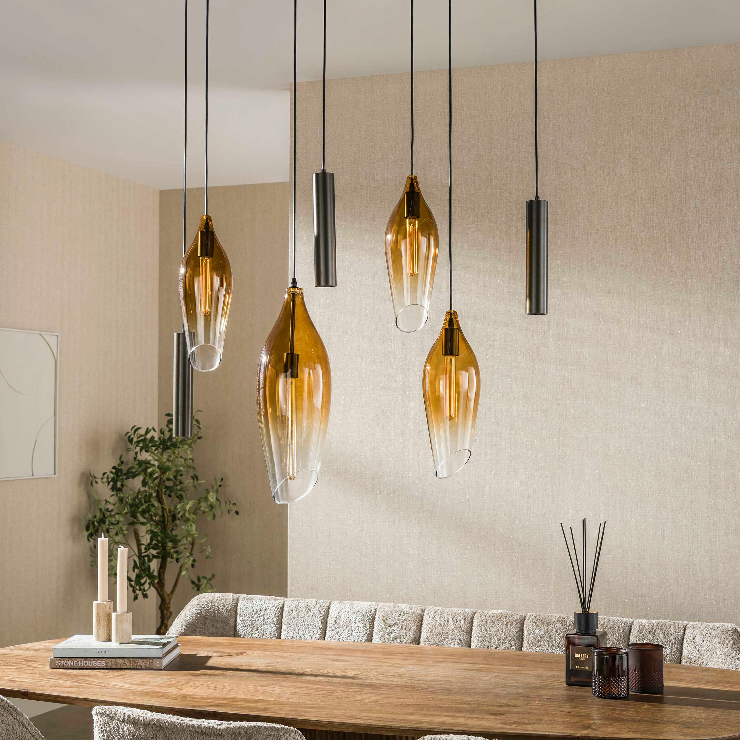 Suspension îlot cuisine verre fumé métal bronze 7 lampes NIAGARA