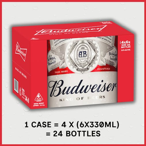 Budweiser, American-Style Lager Beer, Classic & Crisp Finish, 5% ABV, 330mL (Case of 24 Bottles)