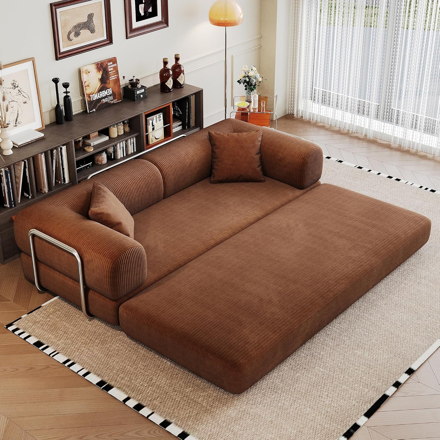 Ball & Cast 78.8 No-Assembly Compressed Sofa Bed, Convertible Floor Futon Couch with Pillow Backrest & Armrest, Boneless Modular Sleeper Sofa in Corduroy for Living Room Bedroom, Brown