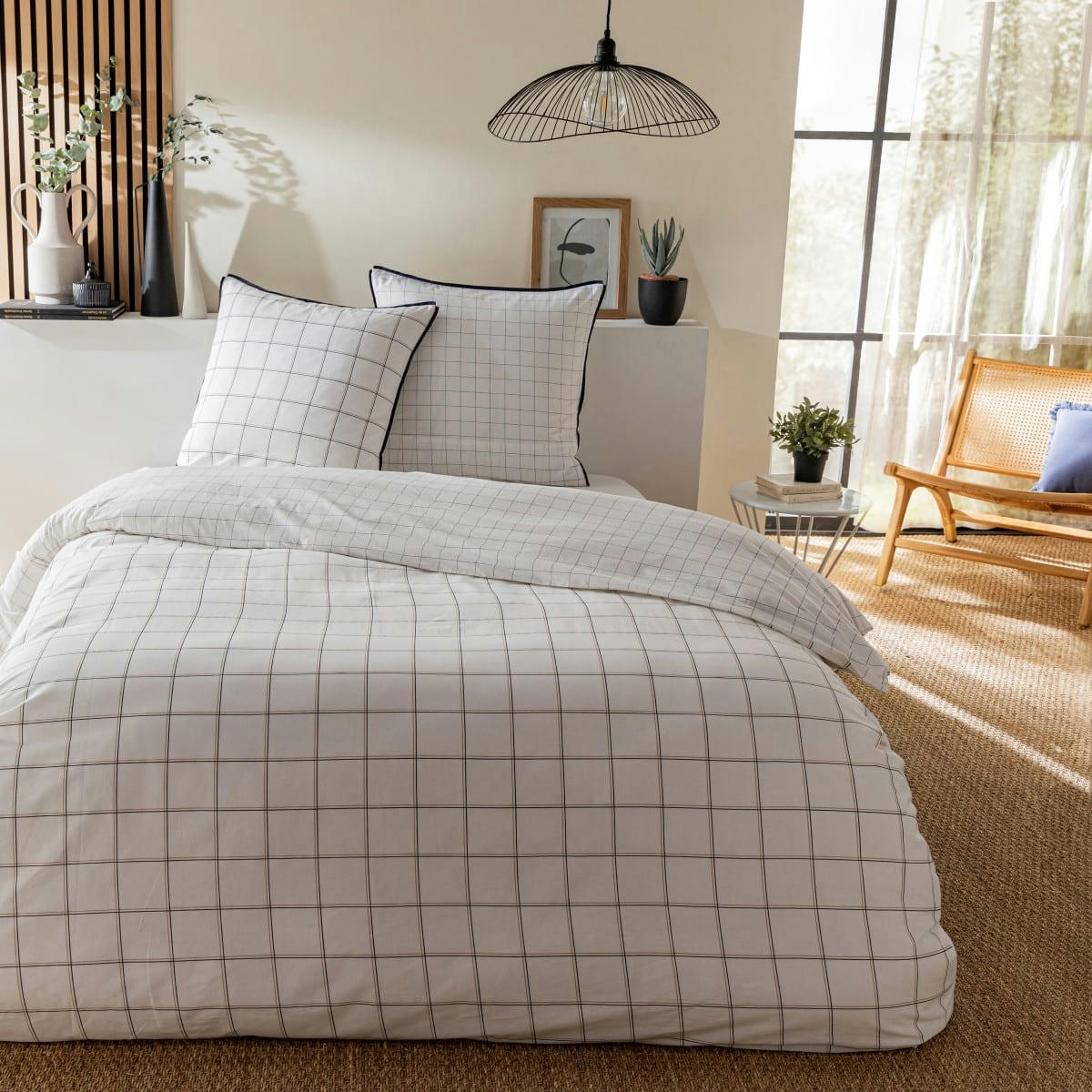 NESTOR - Parure de lit 2 personnes coton  imprimé blanc 240x220cm