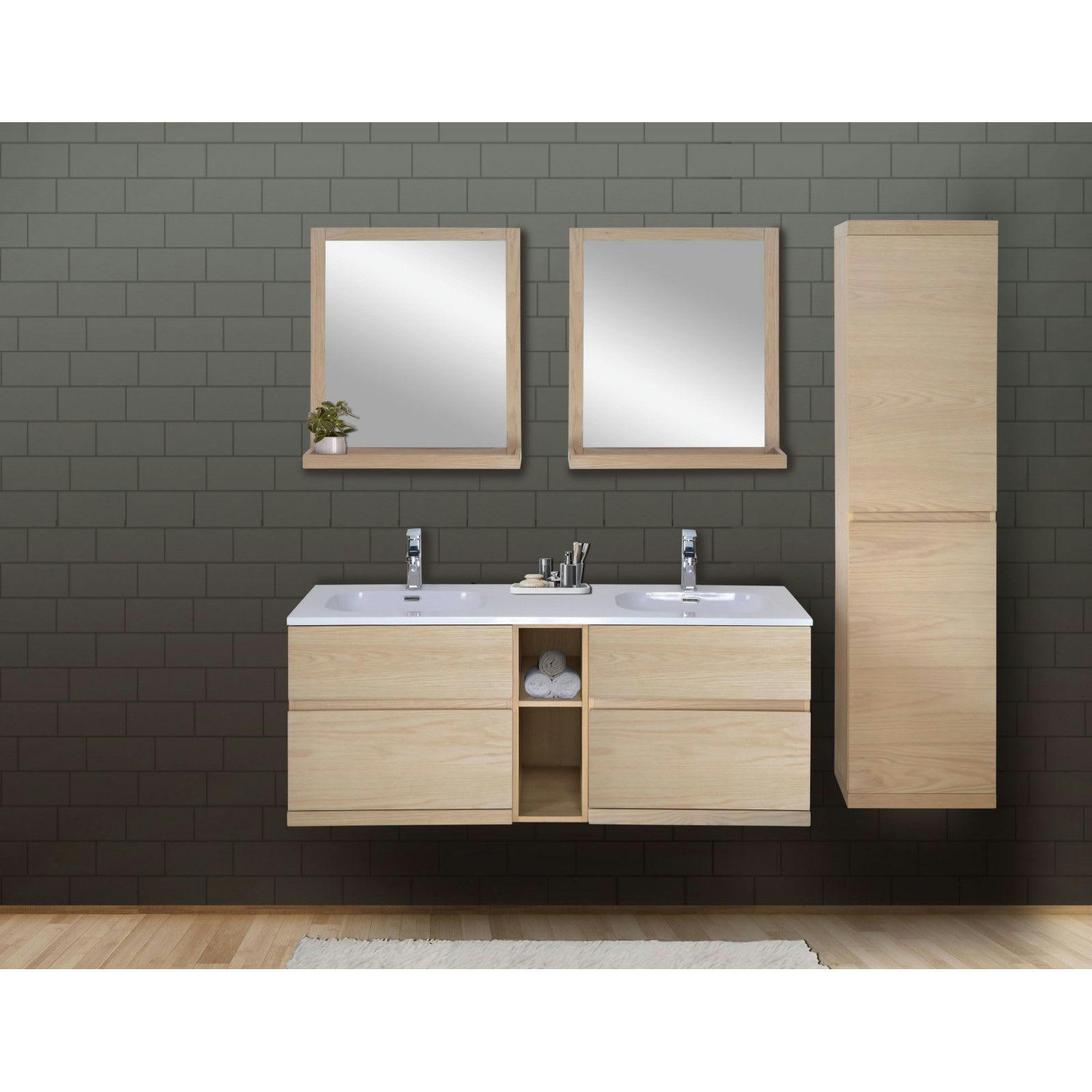 ENIO - Meuble sous vasque chêne avec plan résine  140cm+miroir+colonne fermée