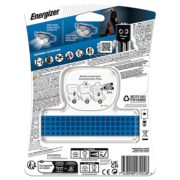 Lampe frontale LED Energizer 200 lumens 1FENVISION80 autonomie 7h fonctionne avec 3 piles AAA (LR03)