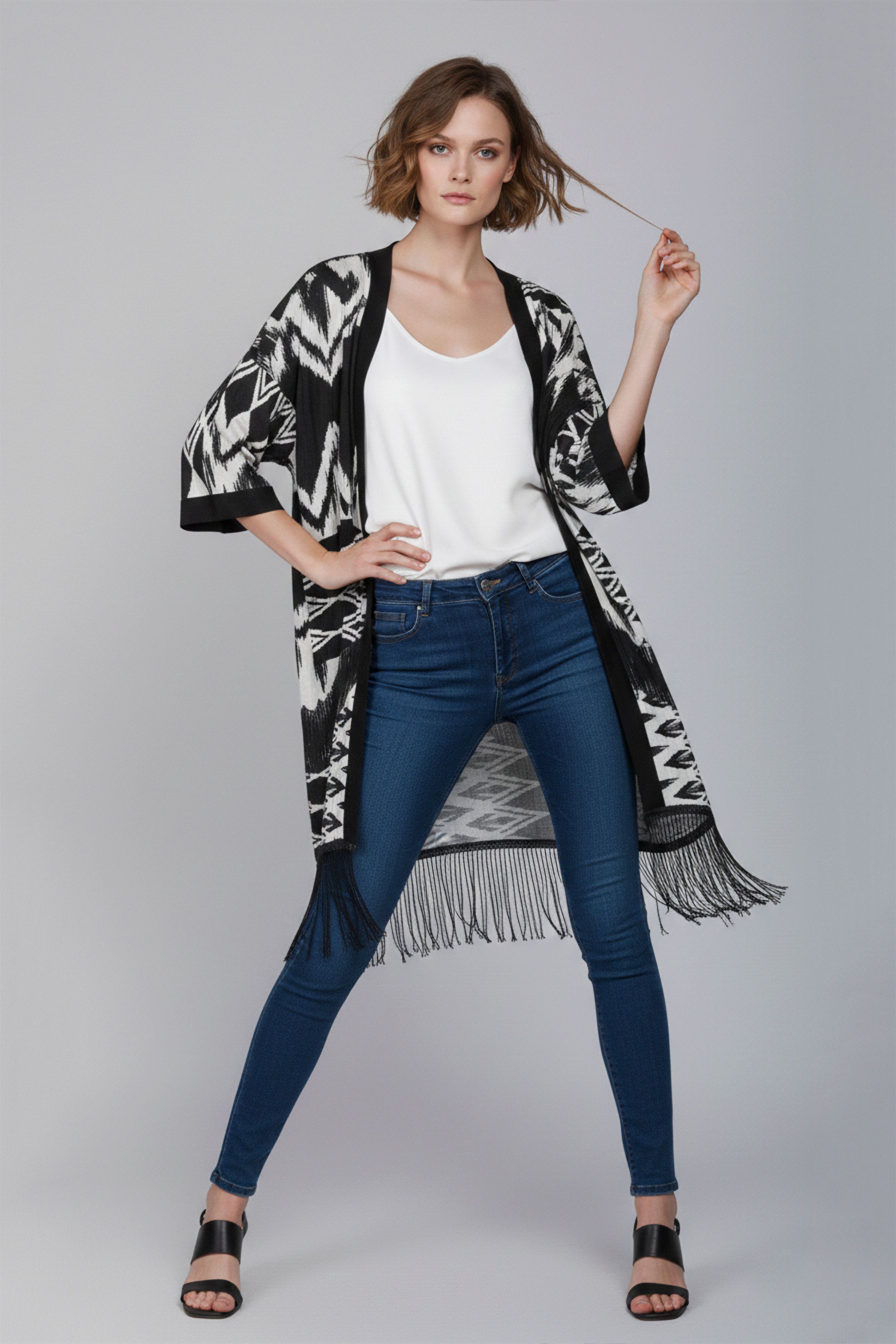 Cutie London Geometric Print Kimono With Fringe Hem
