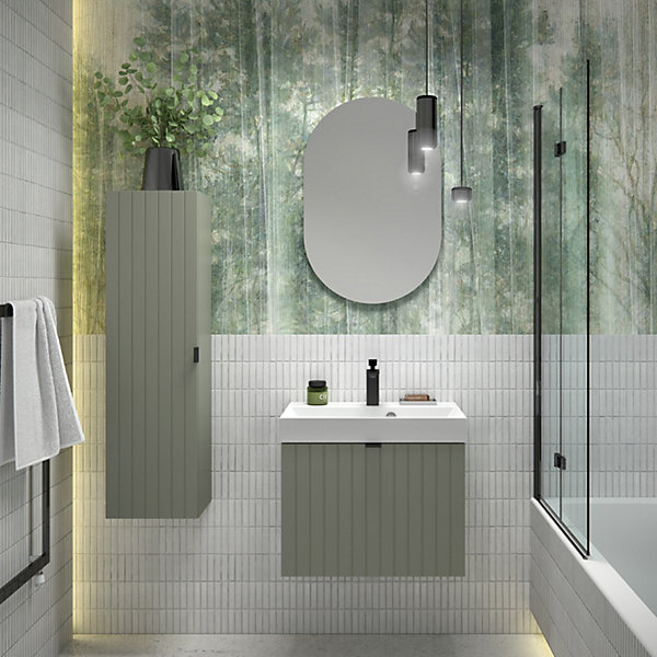 Meuble vasque suspendu HARMO 60 cm avec vasque encastrée en résine Façade rainuré vert