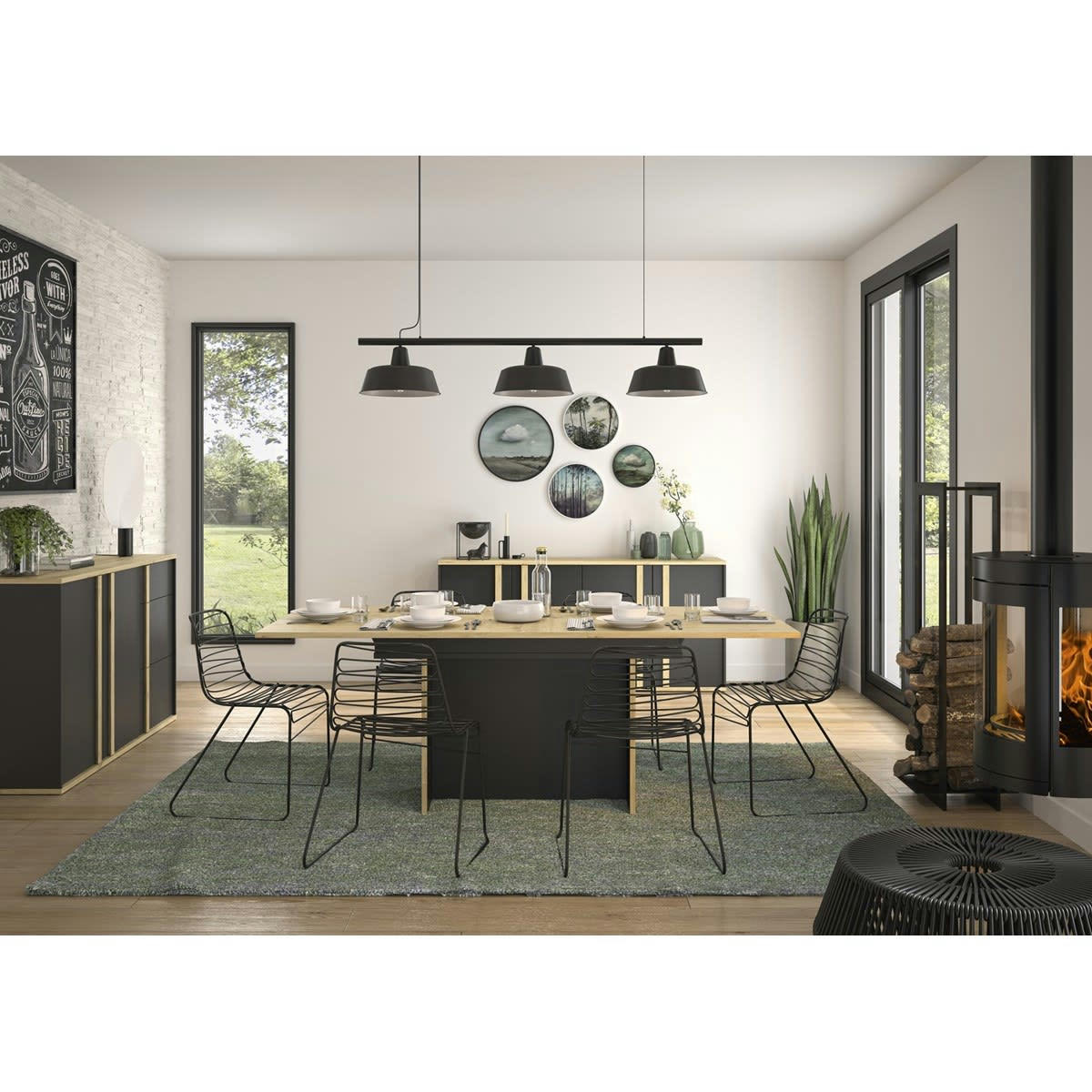 RAFAEL - Table rectangle 1 allonge effet bois noir 160x90x77