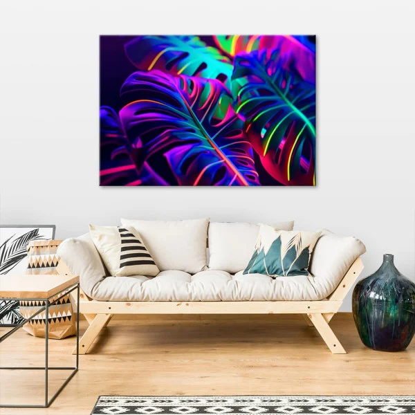Feeby Obraz na płótnie,Liście monstery w neonowych barwach 60x40