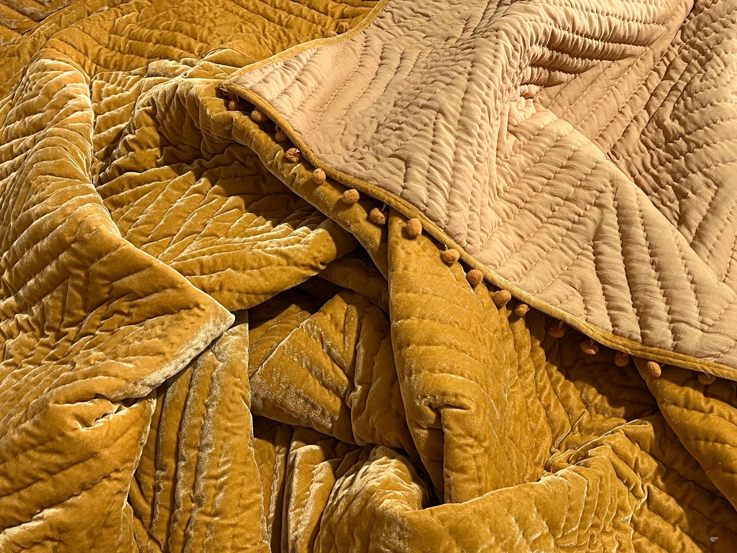 Gold Velvet Quilt: Handmade Comforter with Pompoms blankets Halloween Gifts