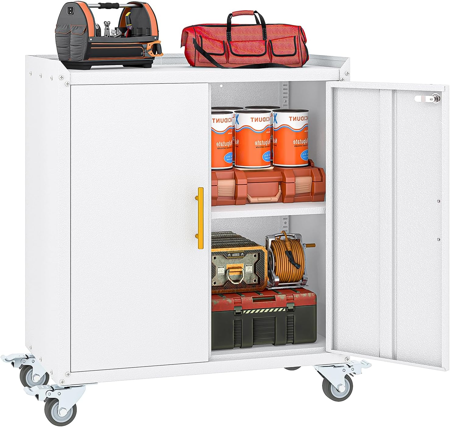 Metal Garage Storage Cabinet with Wheels, Tall Locking Cabinet with Doors and Shelves, Tool Storage Cabinets for Garage, Home Office (White,35.6 H)