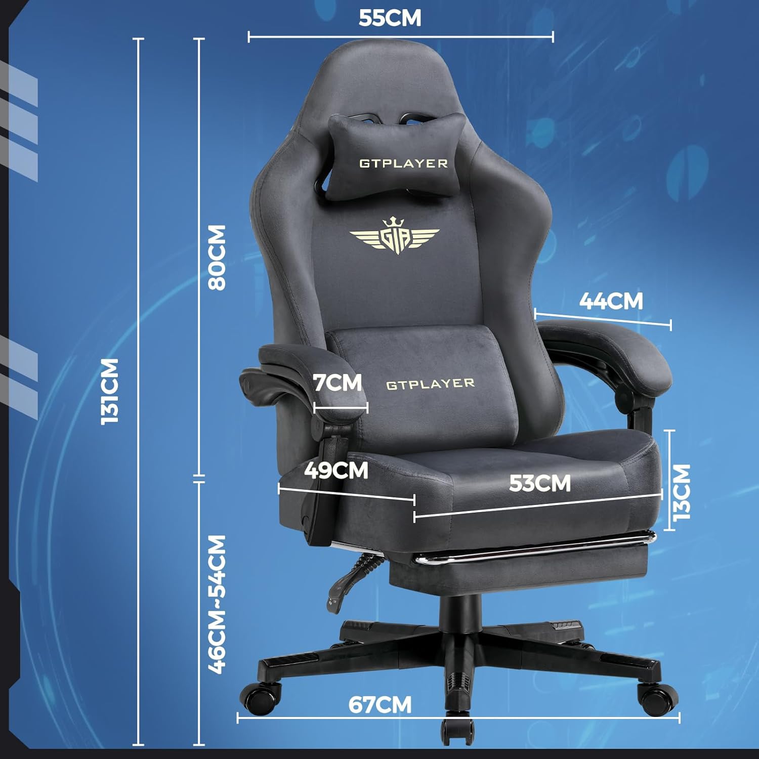 GTPLAYER Gaming Chair Fabric with Pocket Spring Cushion, Big and Tall Gamings Chairs 350LBS High Back Computer Chair with Footrest for Adults Lumbar Support Swivel Game Chair for Office Dark Grey