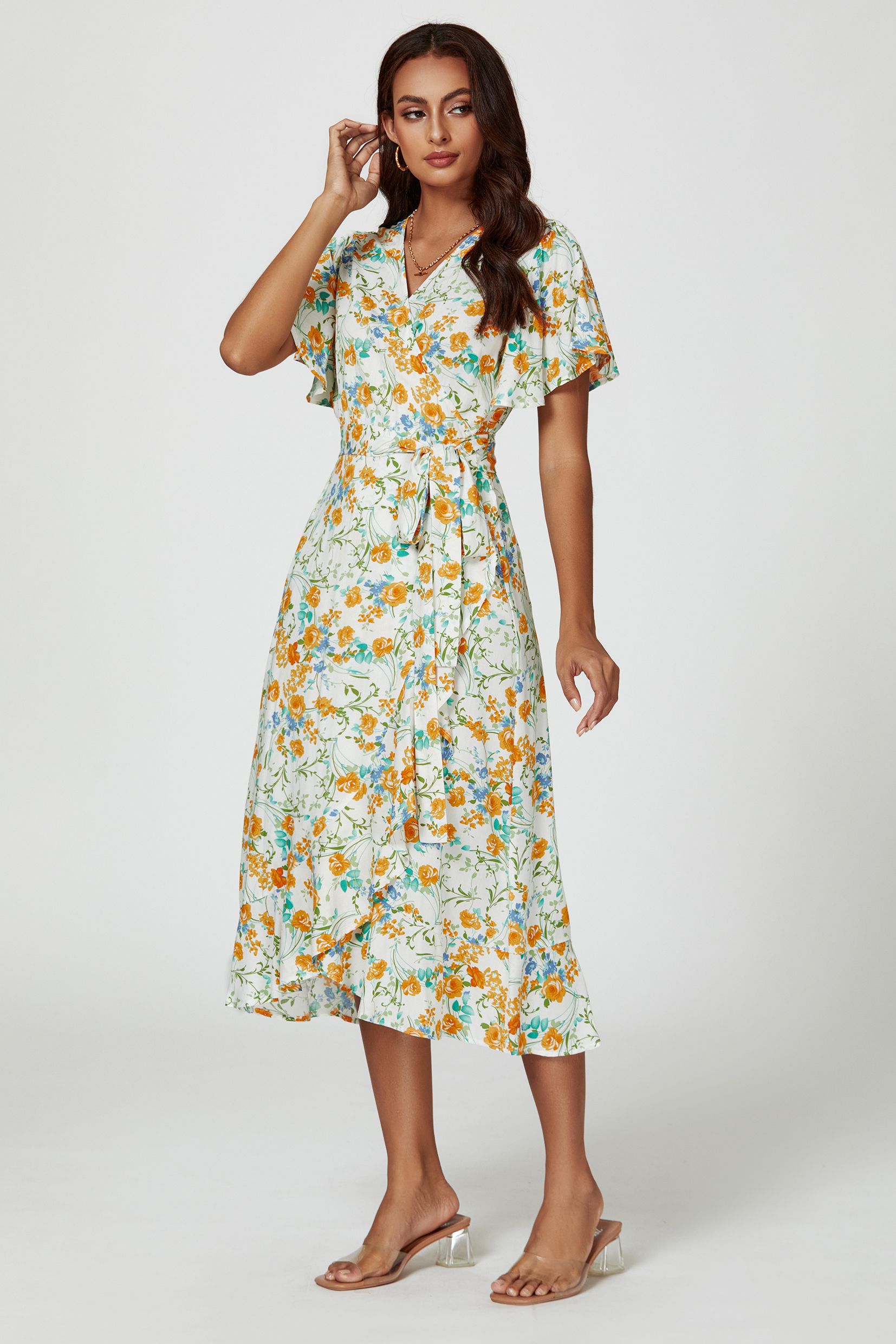 FS Collection Floral Print Angel Sleeve Wrap Midi Dress In Yellow