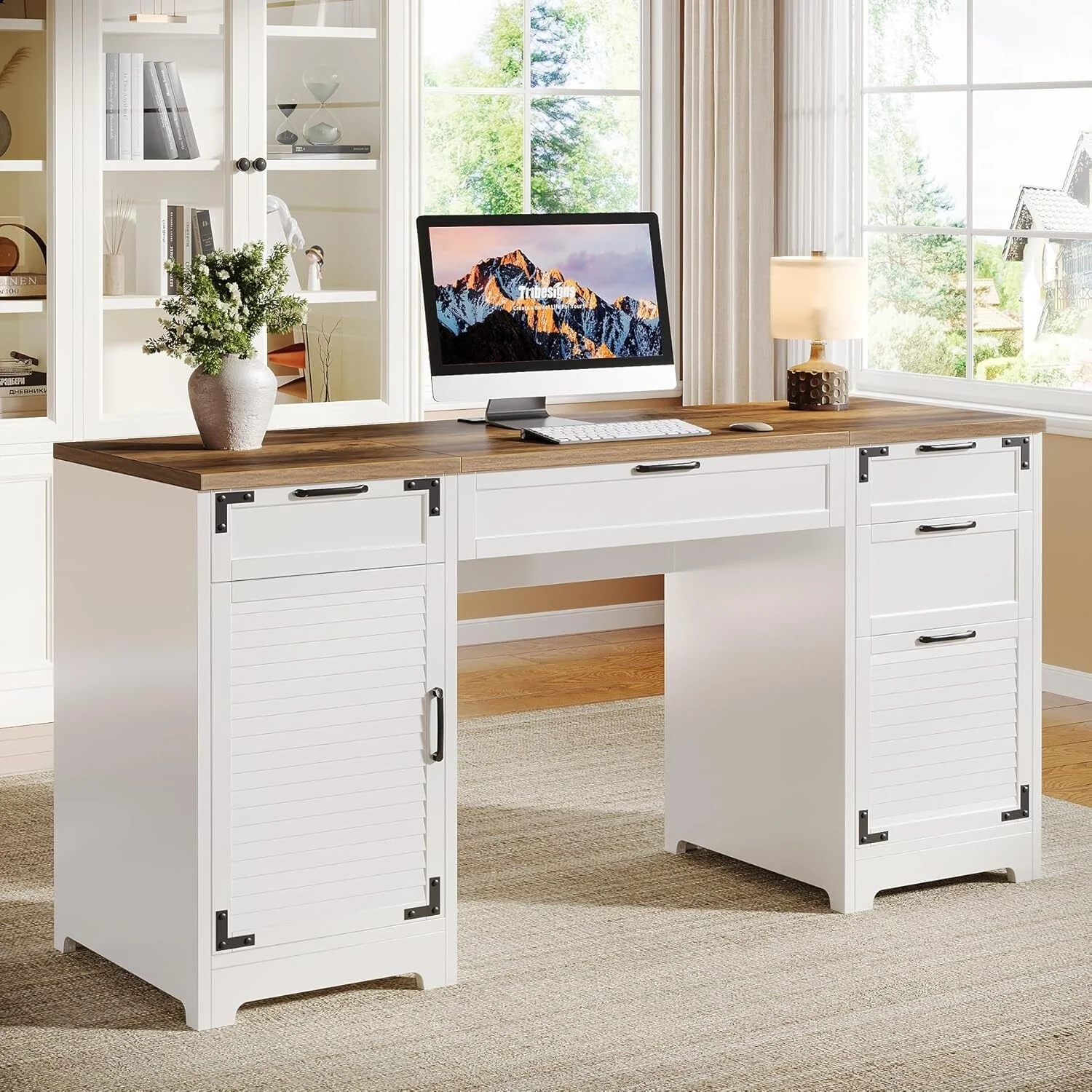 Farmhouse Computer Desk with File Drawers and Storage Cabinet