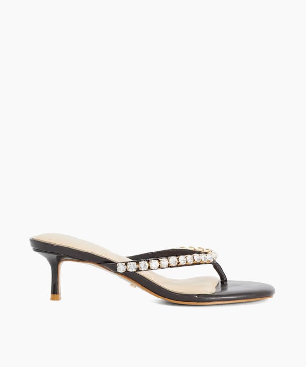 Mimis Brown - Leather Jewel Strap Kitten Heel Thongs