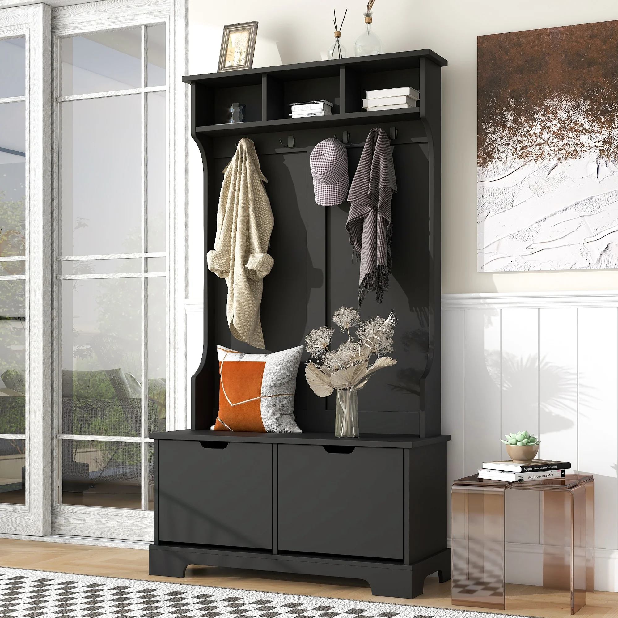 ON-TREND All in One Hall Tree with 3 Top Shelves and 2 Flip Shoe Storage Drawers