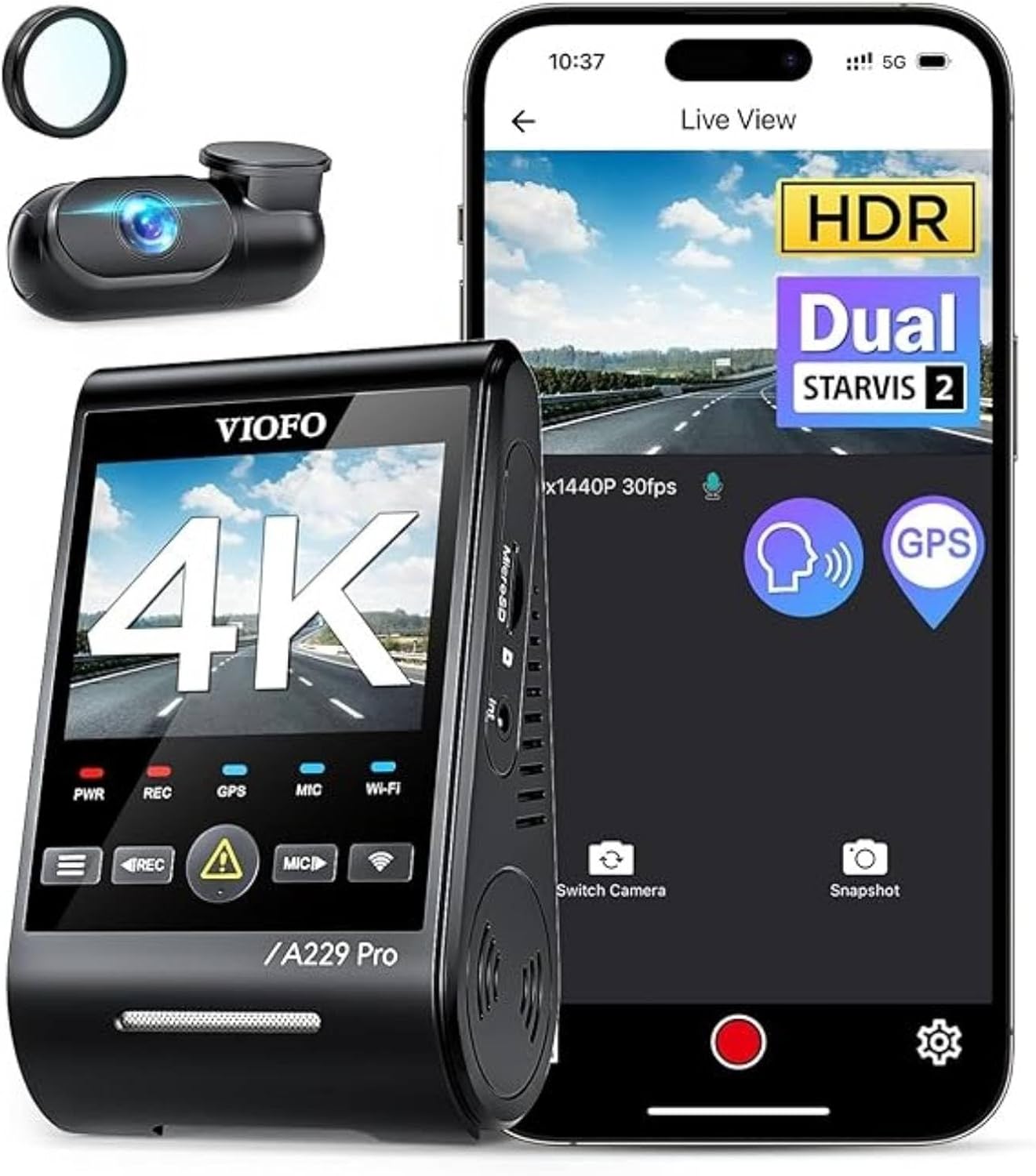 VIOFO A229 Pro 4K HDR Dash Cam  Dual STARVIS 2 IMX678 IMX675  4K+2K Front and Rear Car Camera  2 Channel with HDR  Voice Control  5GHz WiFi GPS  Night Vision 2.0  24H Parking Mode