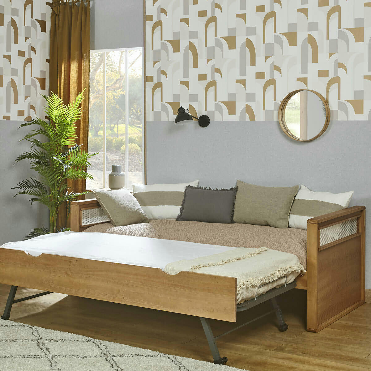 COBI - Pack lit banquette gigogne avec matelas 90x200 cm bois massif bois