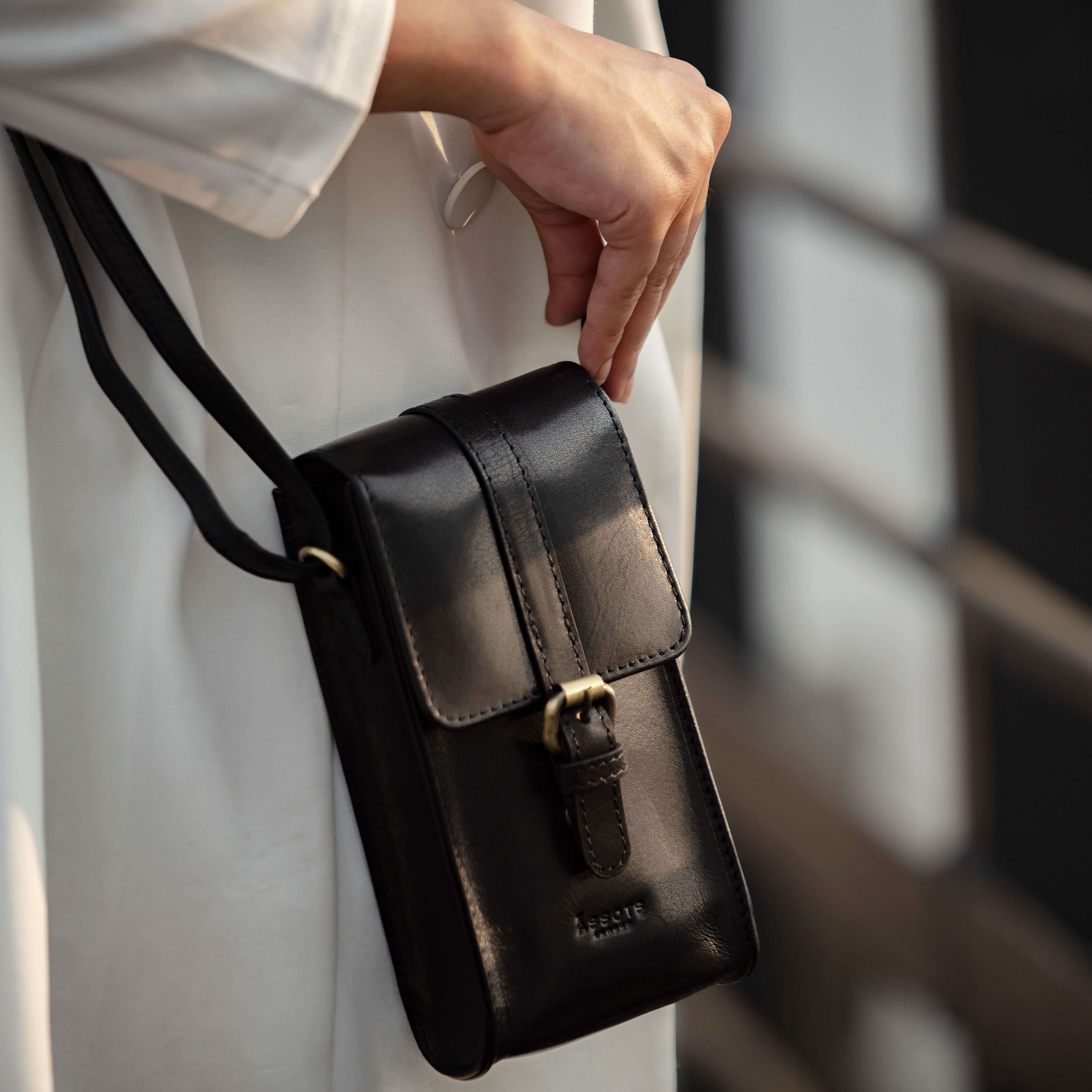 Assots London PETRA' Polished VT Real Leather Mobile Phone Crossbody Bag