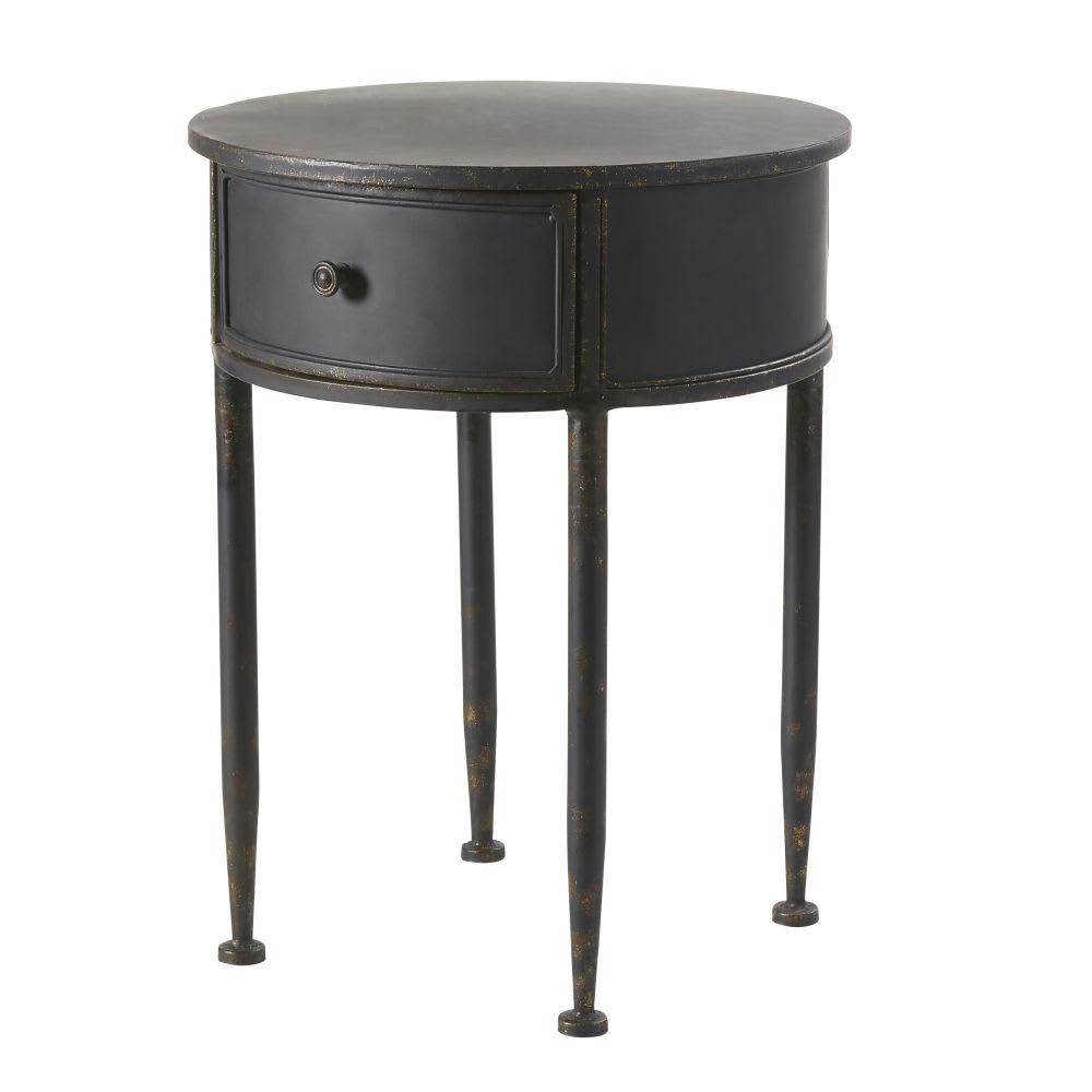 Alienor - Table de chevet ronde 1 tiroir en métal noir