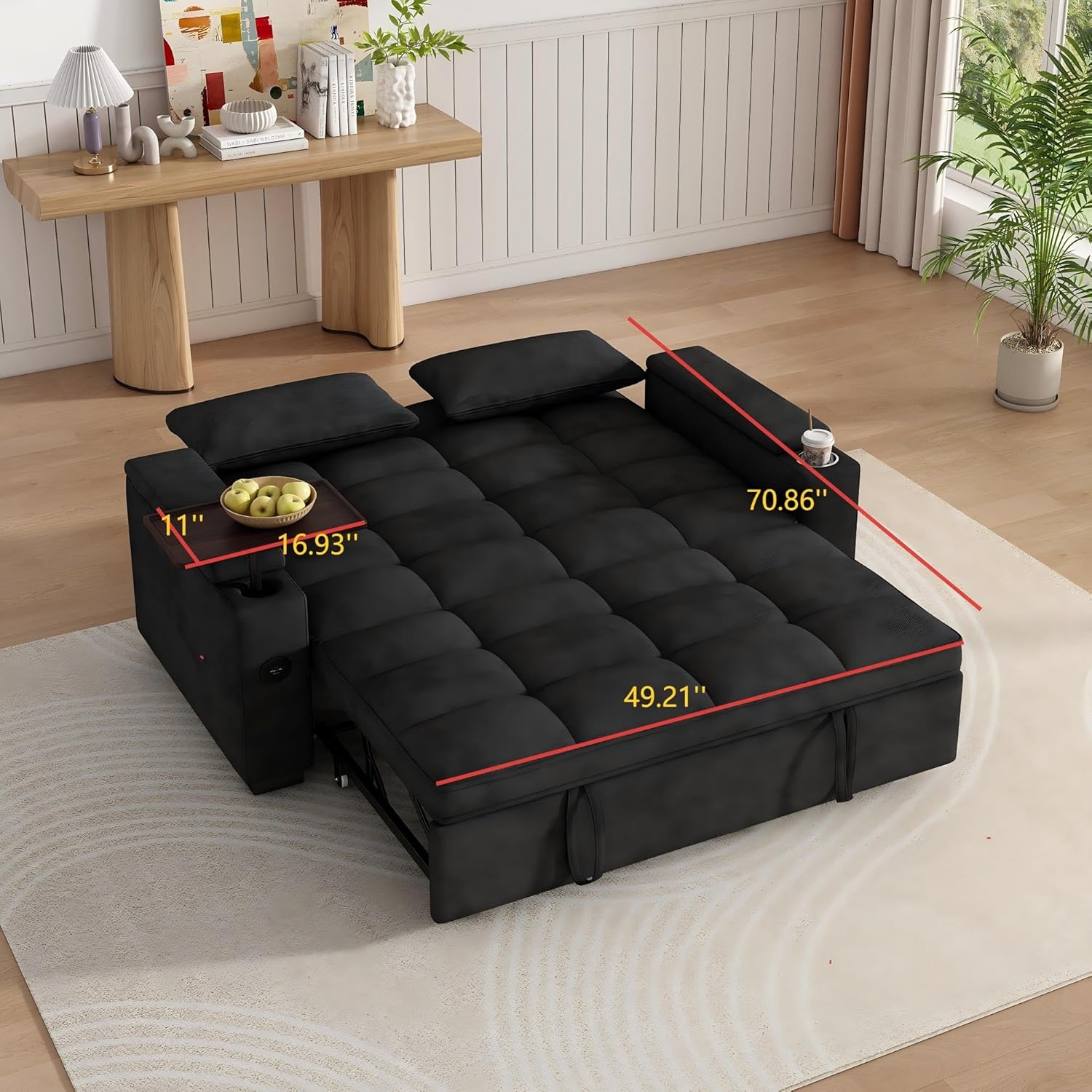 KEIKI 65 Compact 3-in-1 Sofa Bed, Pull-Out Sleeper Couch with Swivel Table, Built-in USB/Type-C Ports & Storage, Modern Chenille Loveseat for Studios & Guest Rooms