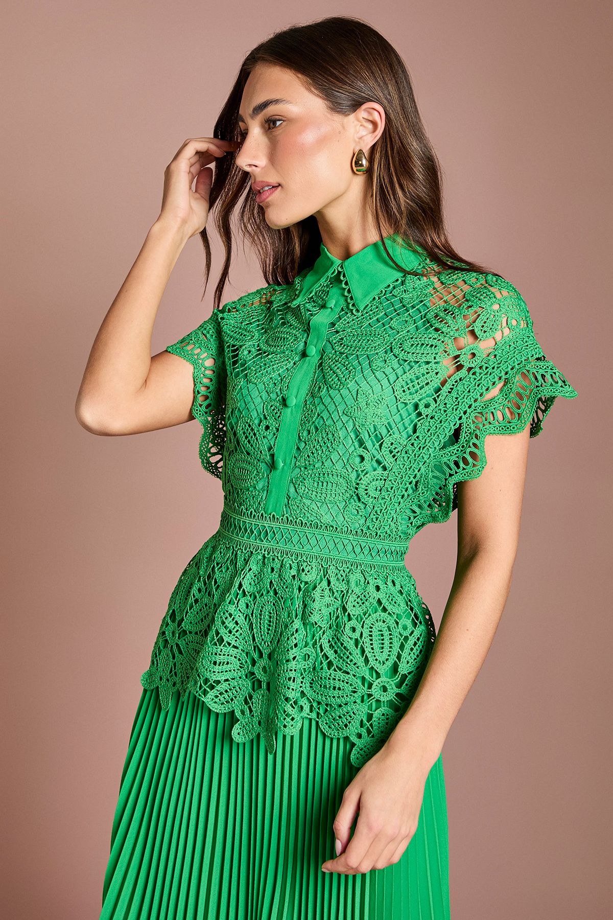 Coast Collared Lace Top Pleated Skirt Midi Dress