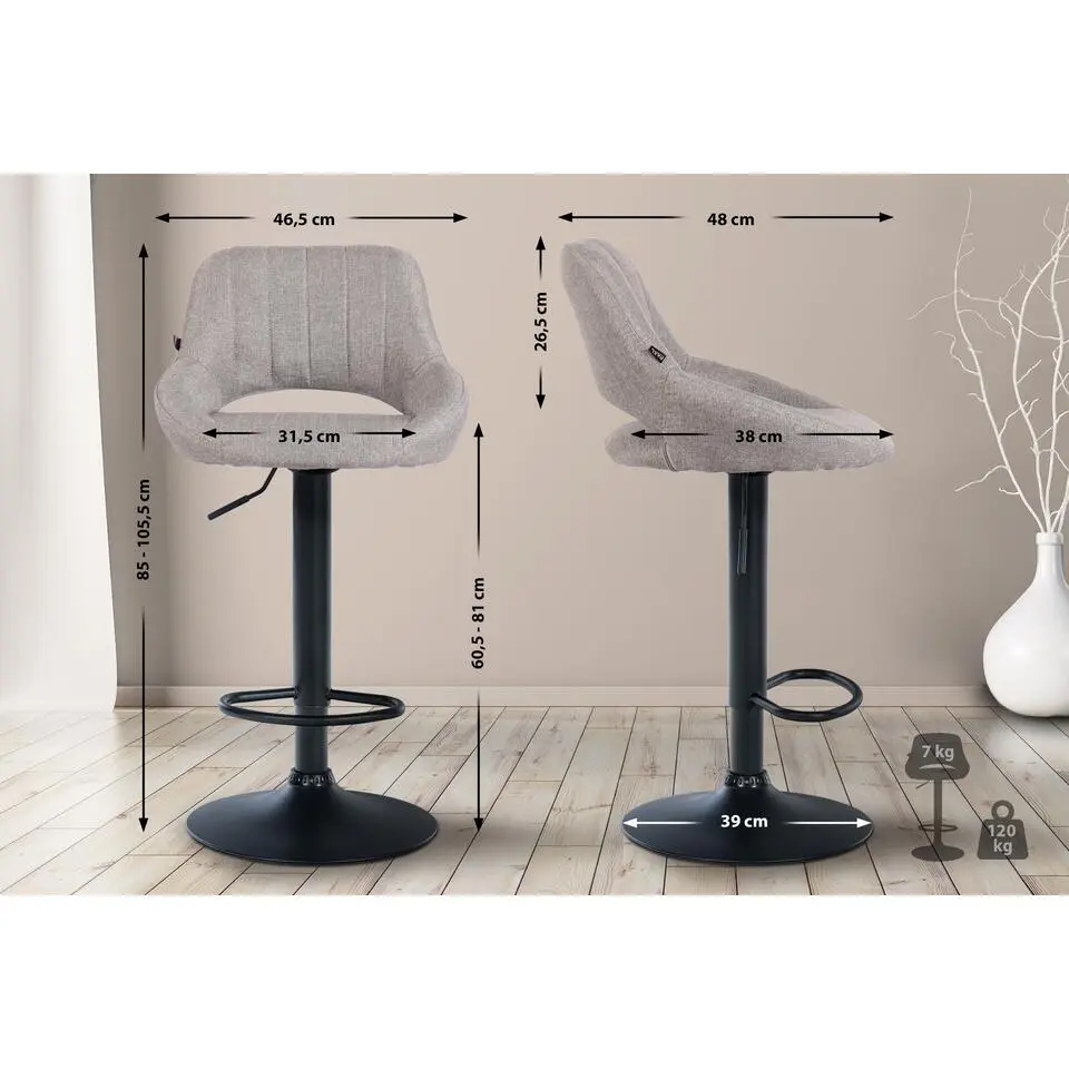 CLP Barkruk Milet zwart Frame - Stof - grijs