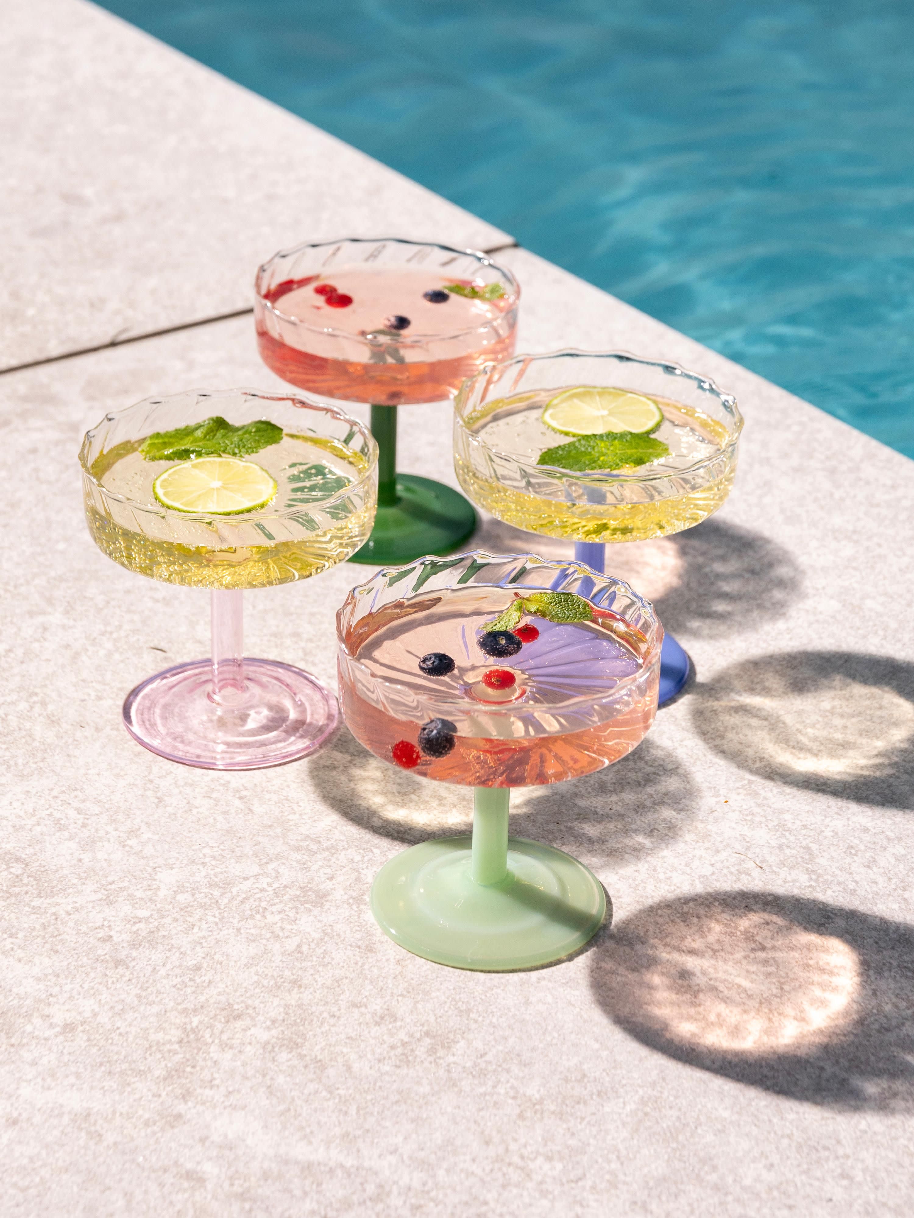 Handgefertigte Champagnerschalen Twirl aus Borosilikatglas, 2er-Set